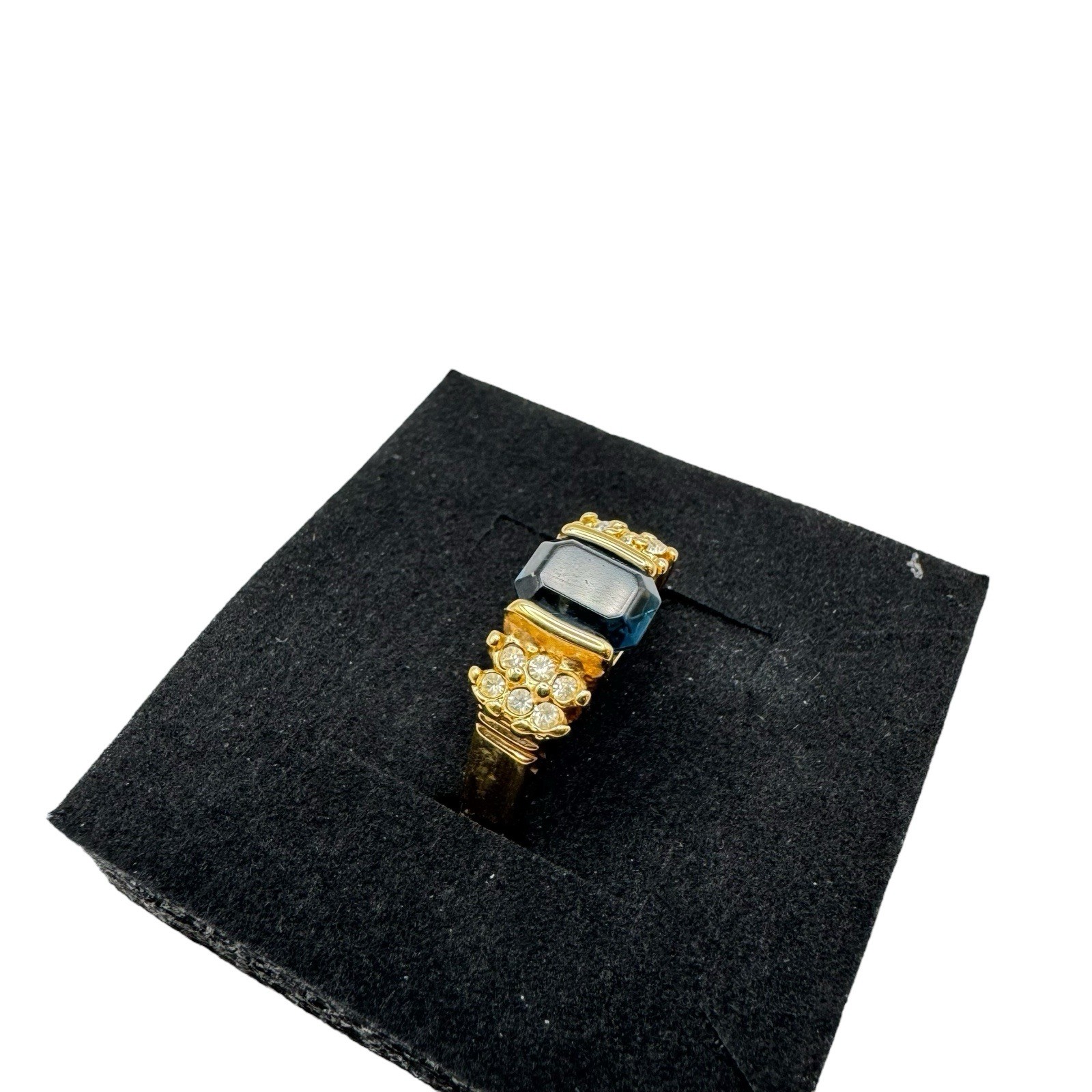 18k GE Ring Gold Electroplate Blue Rectangle w/ small white stones Size 8