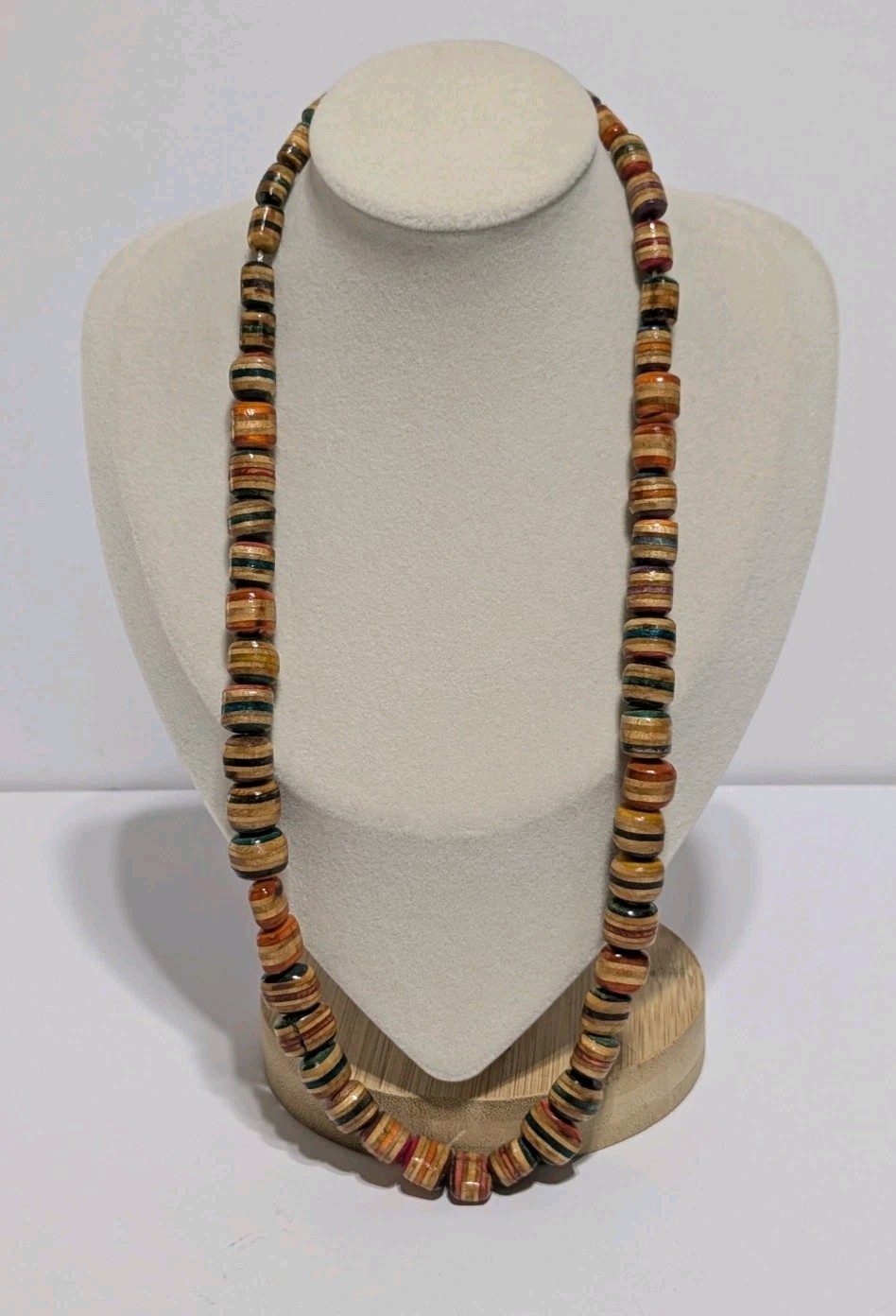 Vintage Multicolor Wood Bead Handmade Necklace. Silver Tone End Caps. 21″ BOHO