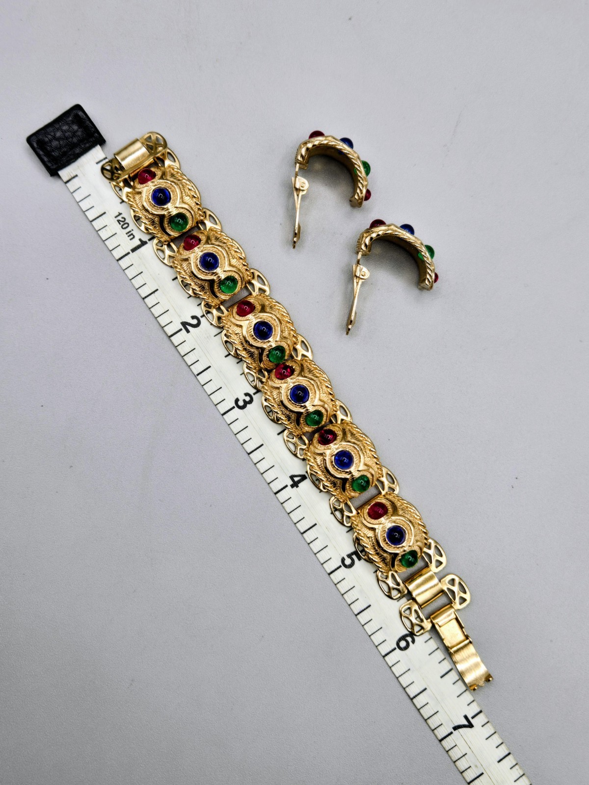 Vintage Chunky Filigree Cabochon Rhinestone Wide Panel Bracelet Earring Set