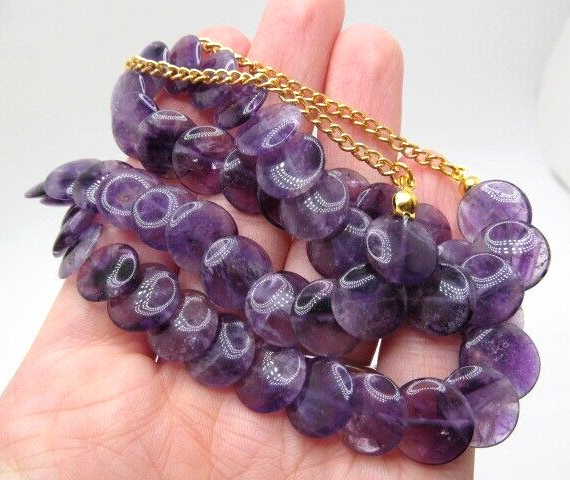 Vintage Amethyst 12.25mm Round Side Laying Disc Stone Necklace 22.5 In