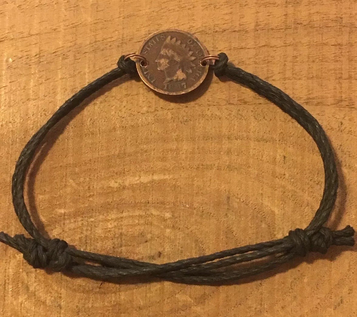 Adjustable Indian Head Penny Coin Jewelry BRACELET-Vintage-Antique-Hemp