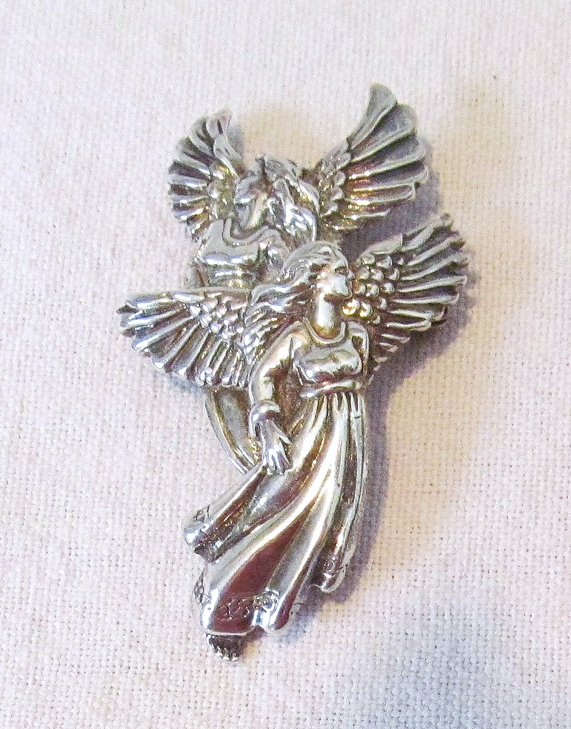 Vintage Shube Dimensional Angels Solid Sterling Silver Pendant Pin Brooch 2″long