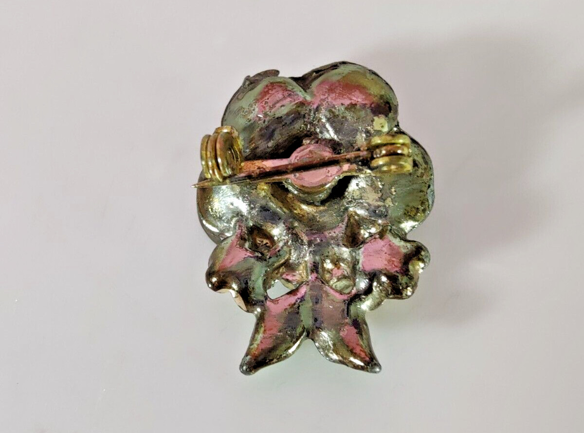 Vintage Pink and Green Enamel Painted Silver Tone Metal Floral Brooch 1″ x 1″