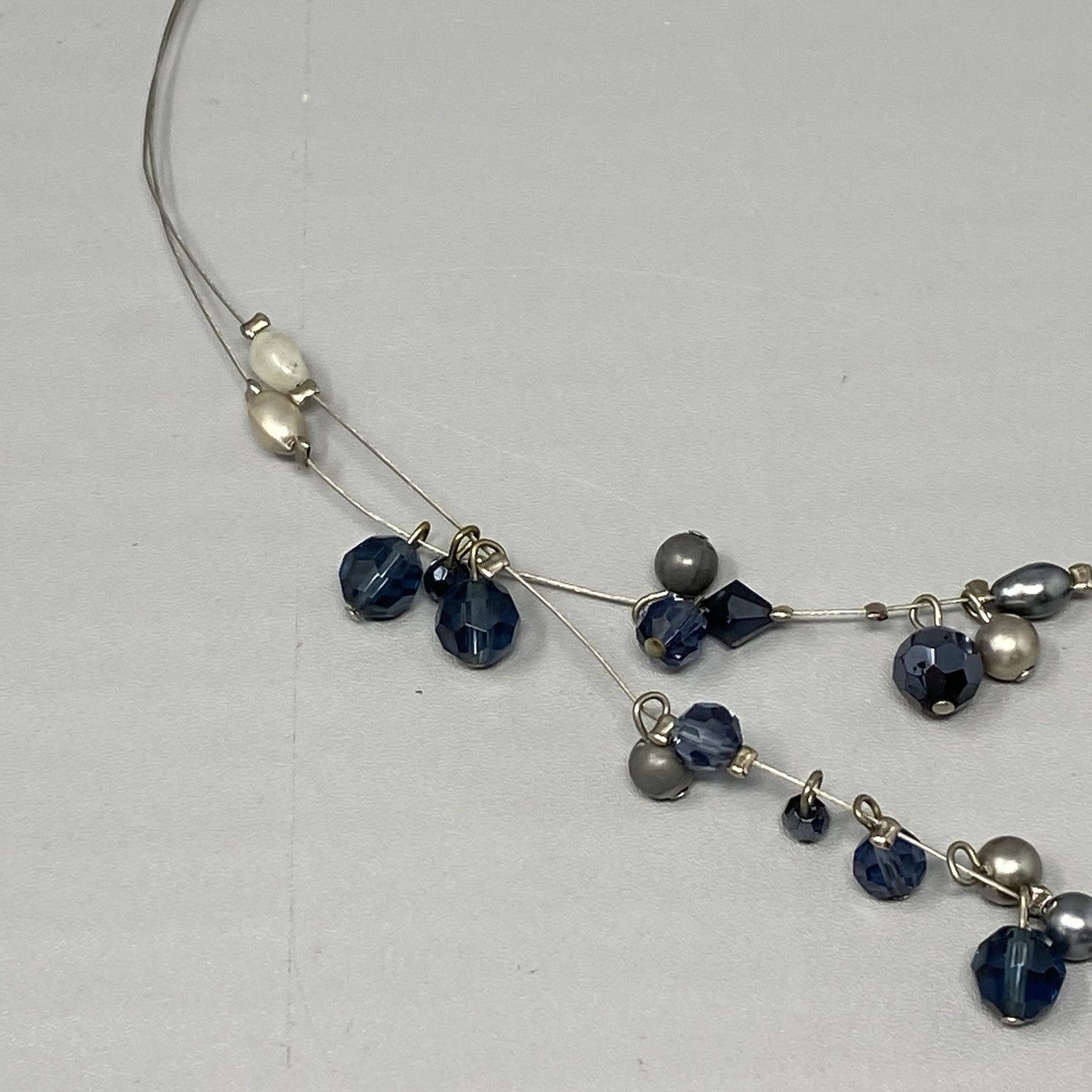 Glass Bead Fringe Necklace Blue Gray Station Layered Collar Memory Wire 19″