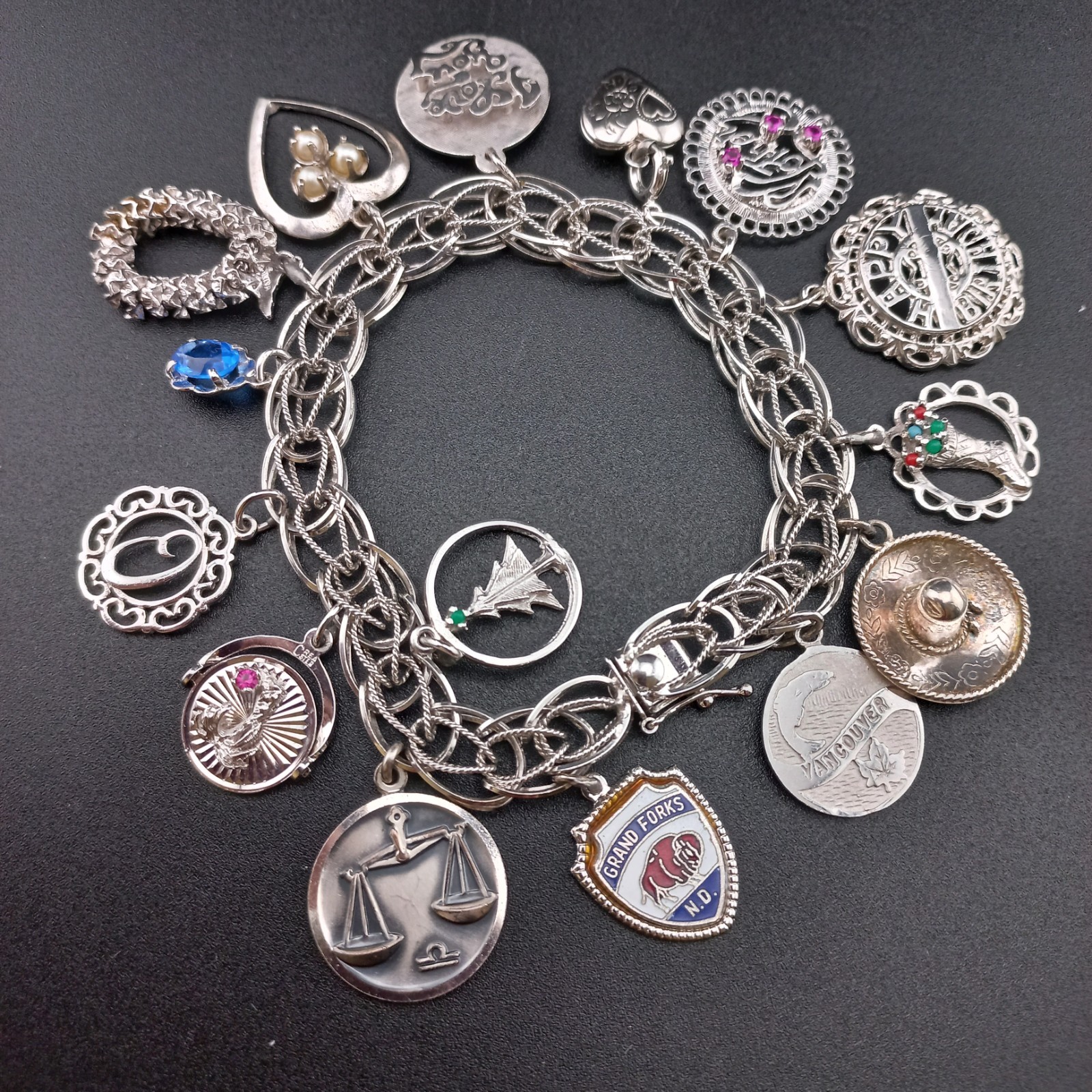VTG Sterling Silver Charm Bracelet 44g 15 Charms Loaded Mother Travel 925 Heavy