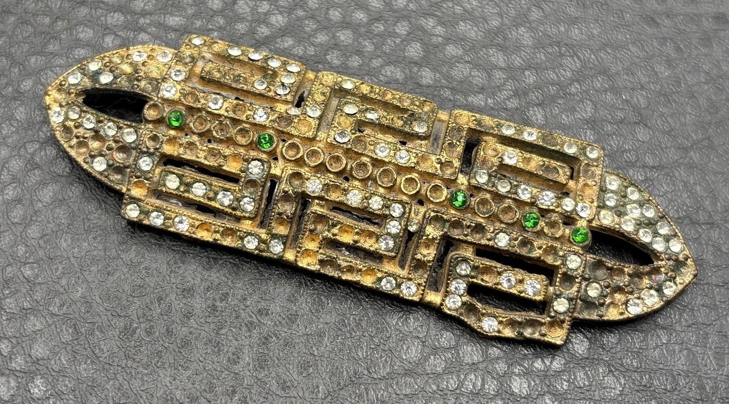 APEX Art Deco Rhinestone Gold Tone Pot Metal Dress Clip Brooch Vintage READ