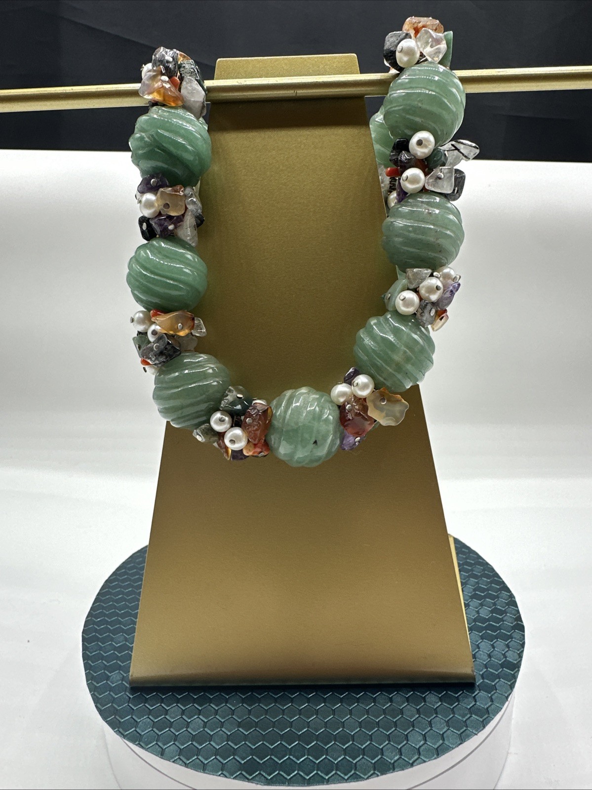 Unique Jadeite and Semiprecious Stones Vtg Necklace. Sterling Silver Closure.