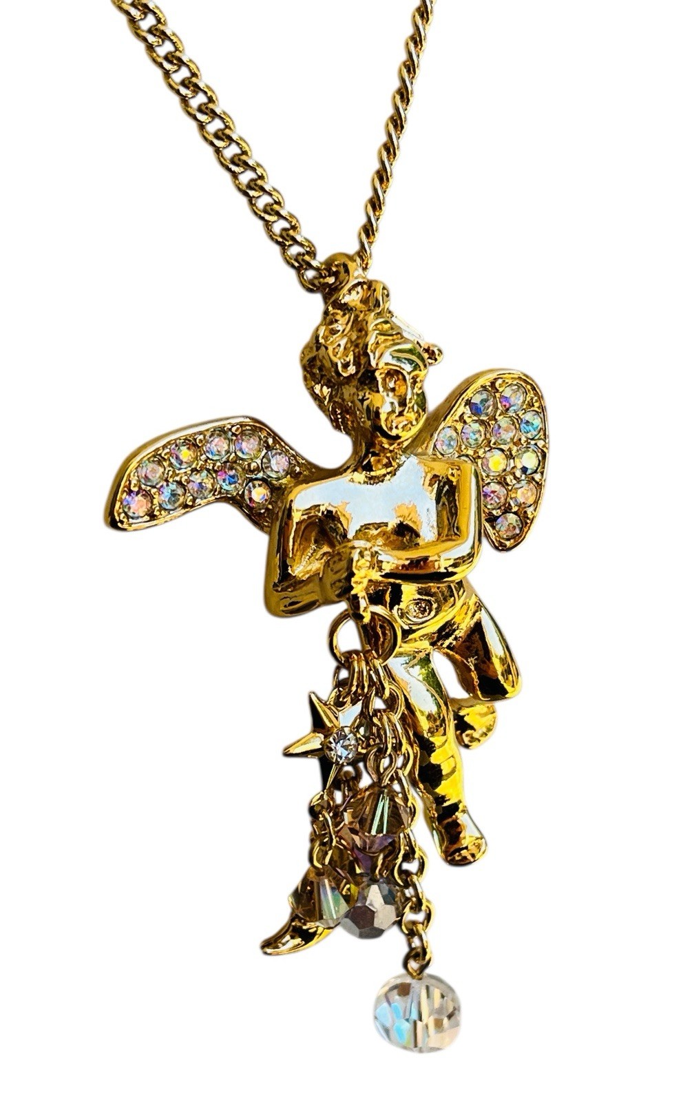 Vintage Signed Kirk’s Folly Angel Cherub Glass Dangle Gold Tone Necklace 28”
