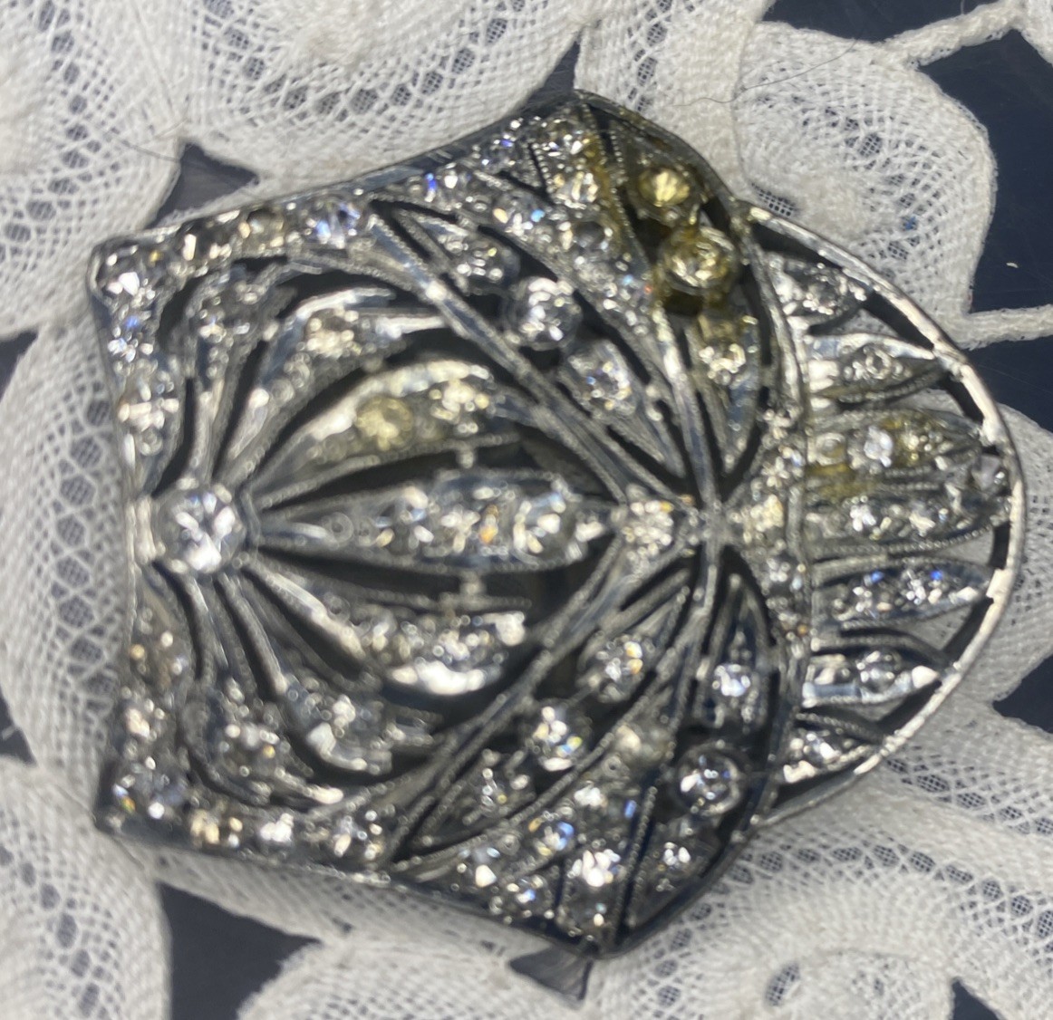 Vintage Art Deco Engraved Fishsom Silver it’s Clear Rhinestone Brooch Shield