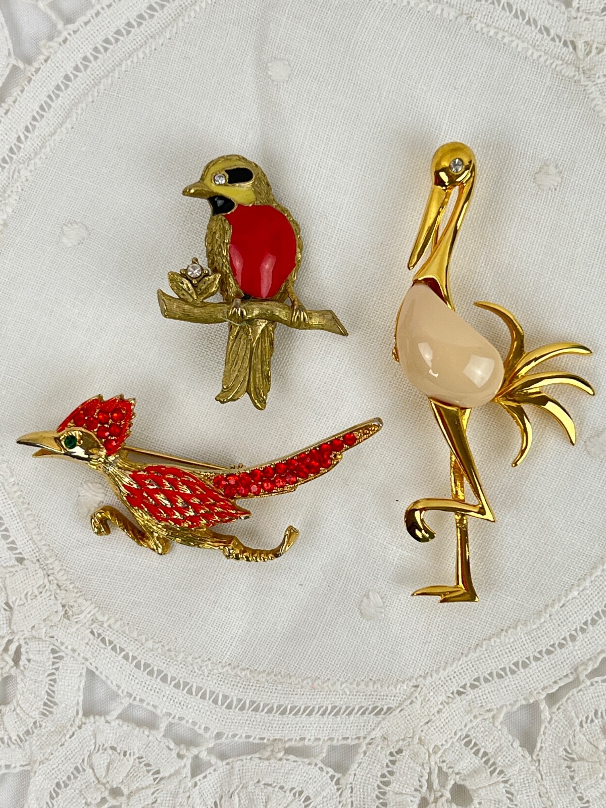 Lot of 3 Gold Tone Bird Brooches Pins Jelly Belly Rhinestones Red Orange Cream