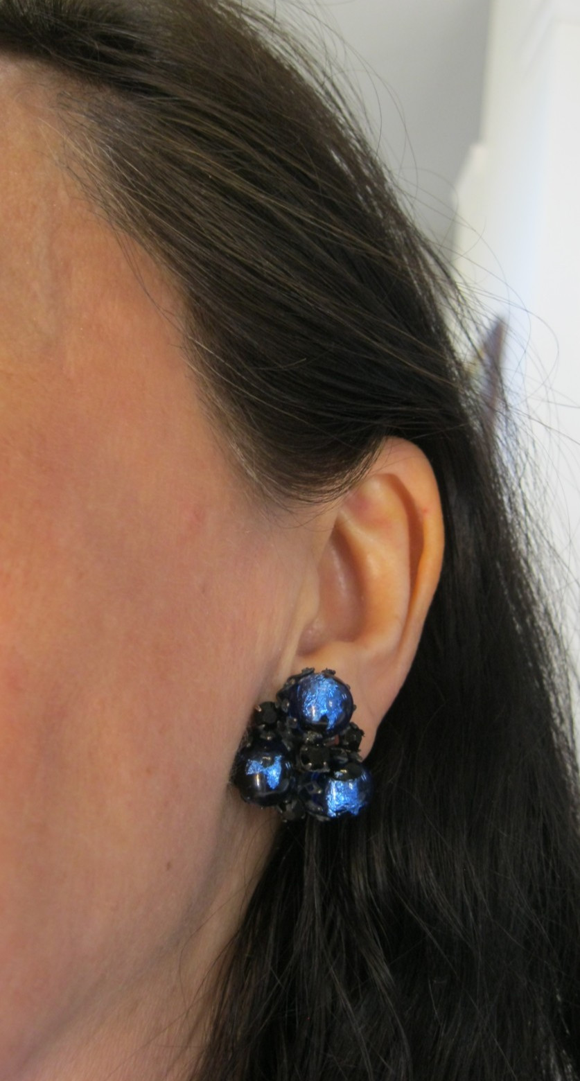 Josef Morton Blue, Black Art Glass Beads 2 Strands Necklace & Clip Earrings Set