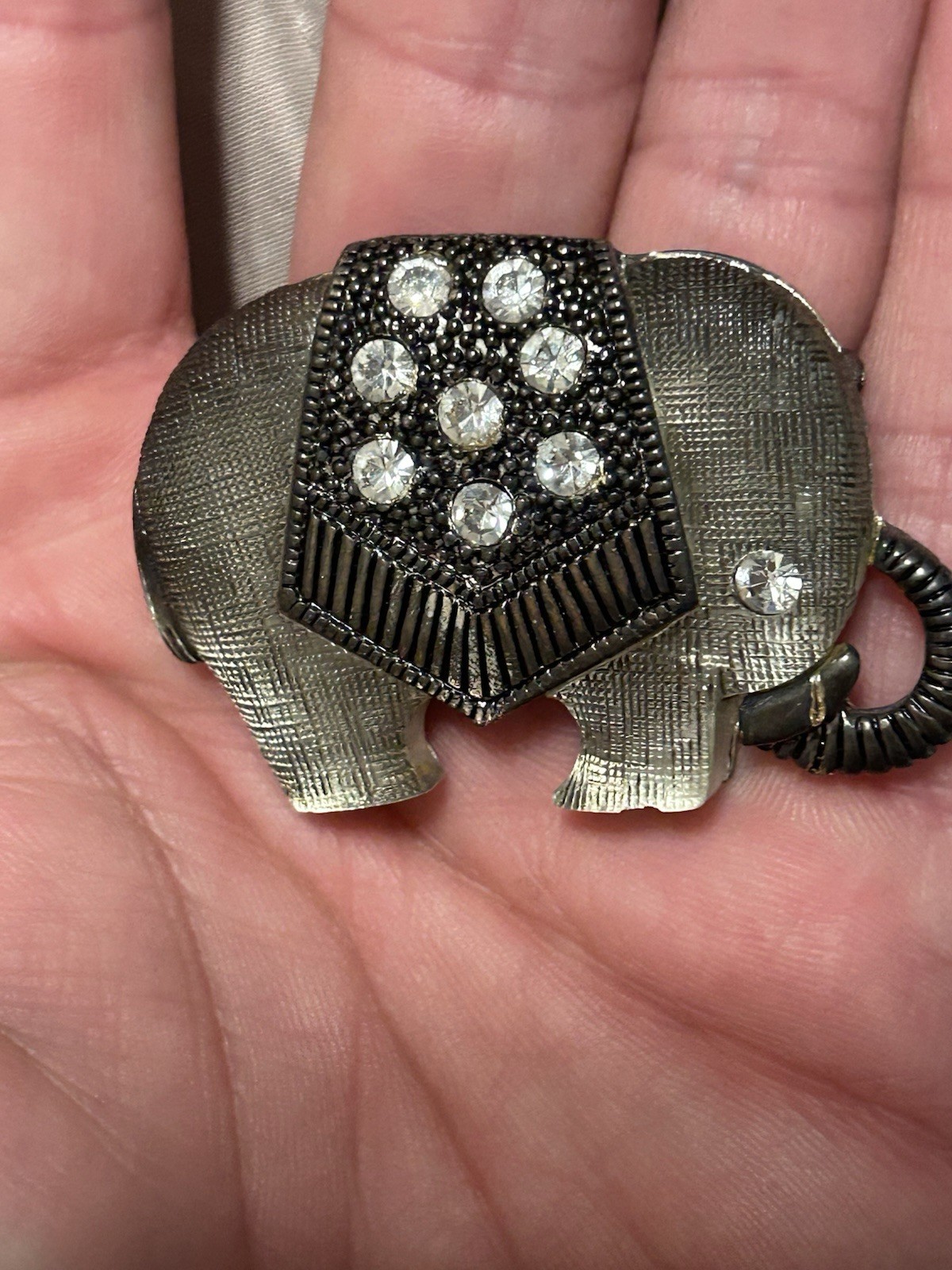 Vintage Resin & Hammered Metal Elephant Brooch Pin Rhinestone Embellished