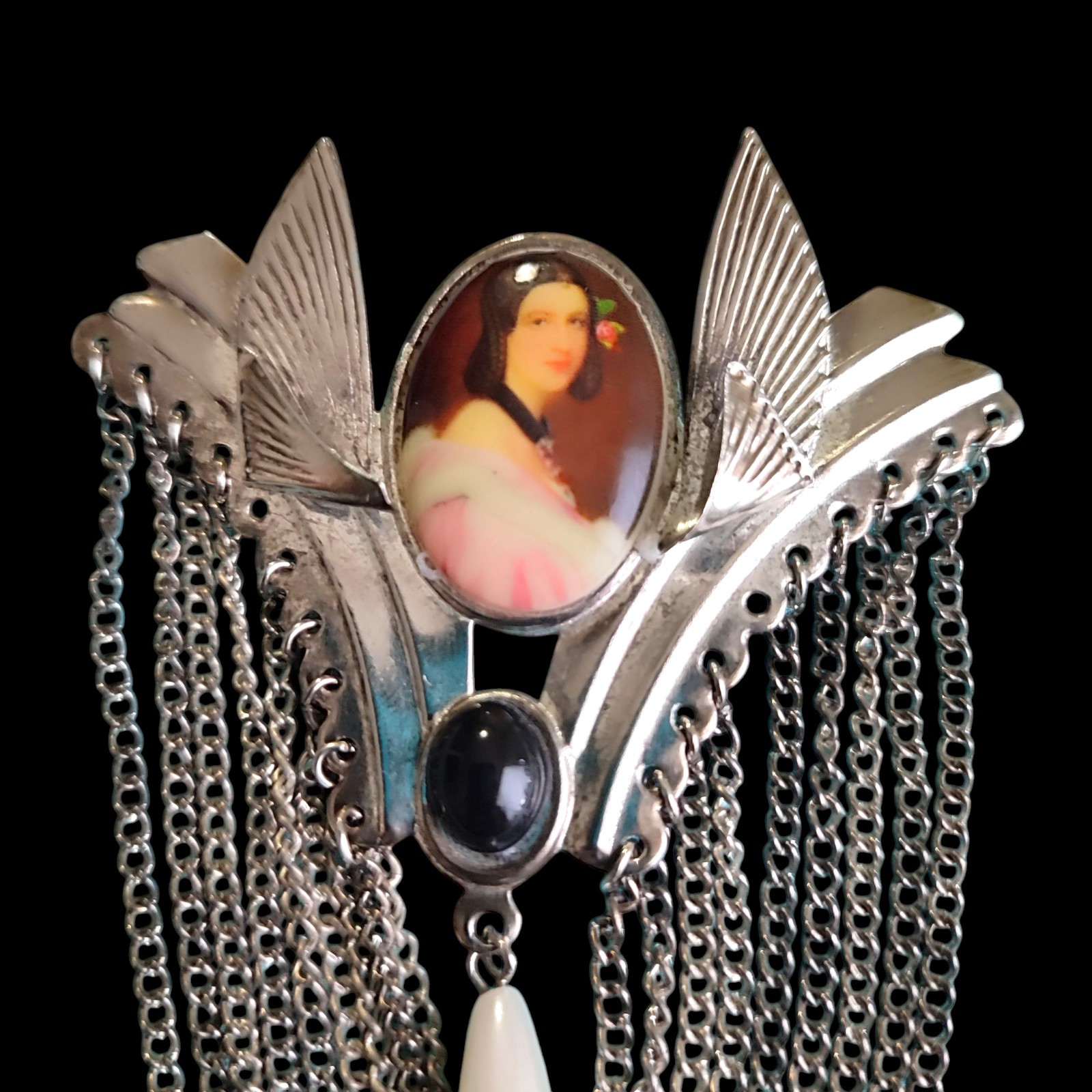 Art Deco Revival Style Porcelain Portrait Silver Tone Plate Brooch Pin