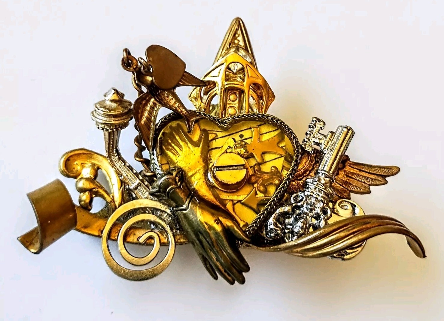 1980s Maximal Art John Wind Heart Brooch w/ Hand, Key & Charms