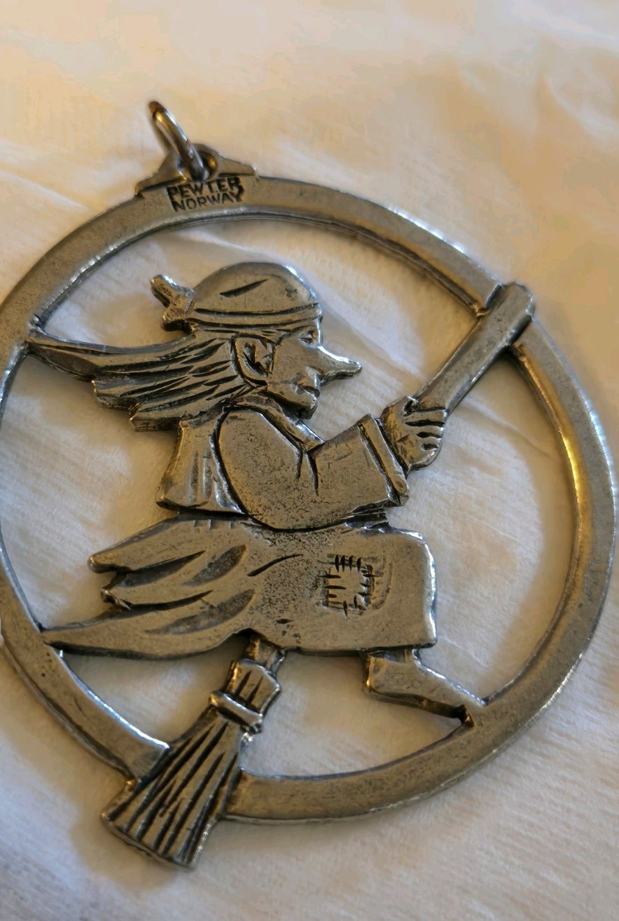 Vtg Havstad Tinn Pendant Pewter Witch on broom rare Ornament Norway Signed