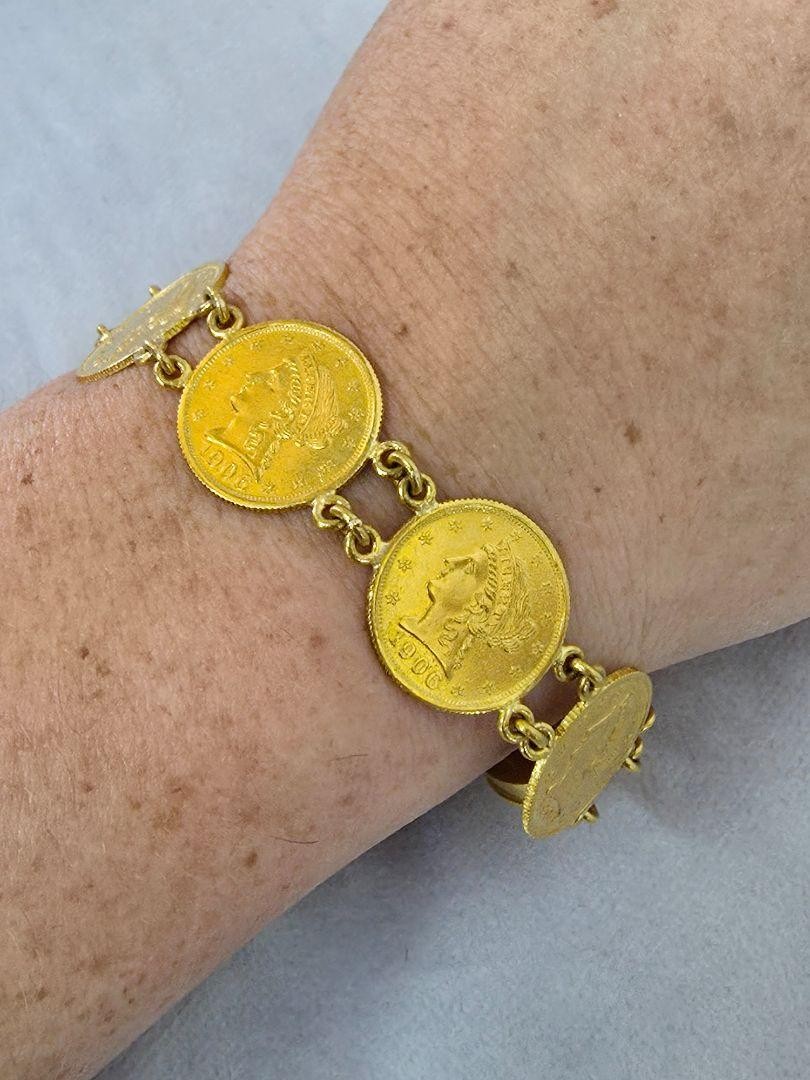 7 Coin 1906 Liberty Head Quarter Eagle 22k 2.50 Dollar Gold Chain Link Bracelet