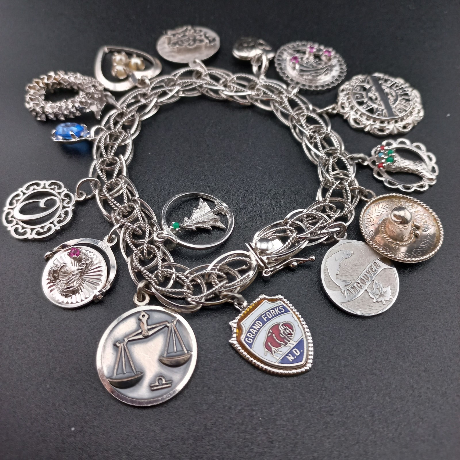 VTG Sterling Silver Charm Bracelet 44g 15 Charms Loaded Mother Travel 925 Heavy