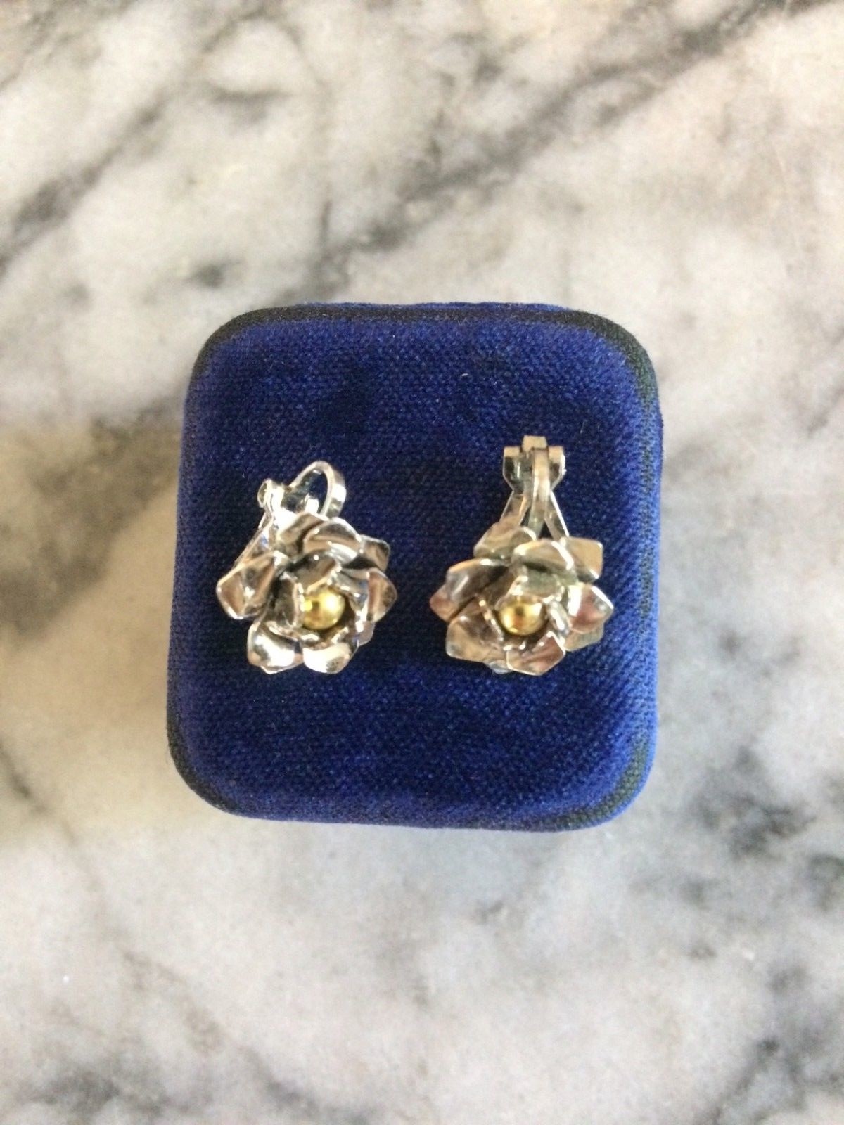 Vintage Silver Metal & Copper English Rose Floral Clip Earrings British Auction