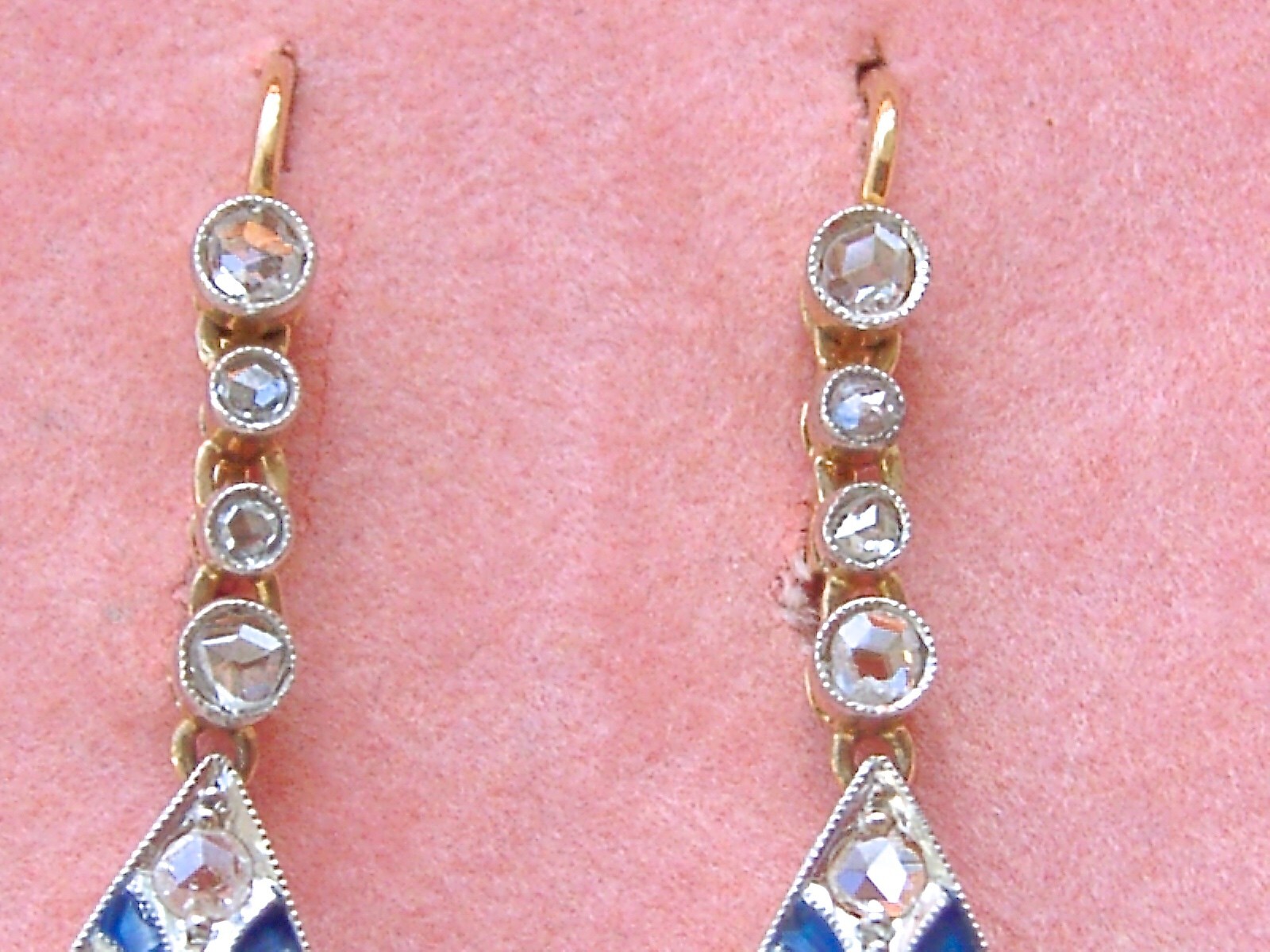 ART DECO 1.04 ctw EURO & ROSE DIAMOND BLUE ENAMEL 18K PLATINUM EARRINGS 1920