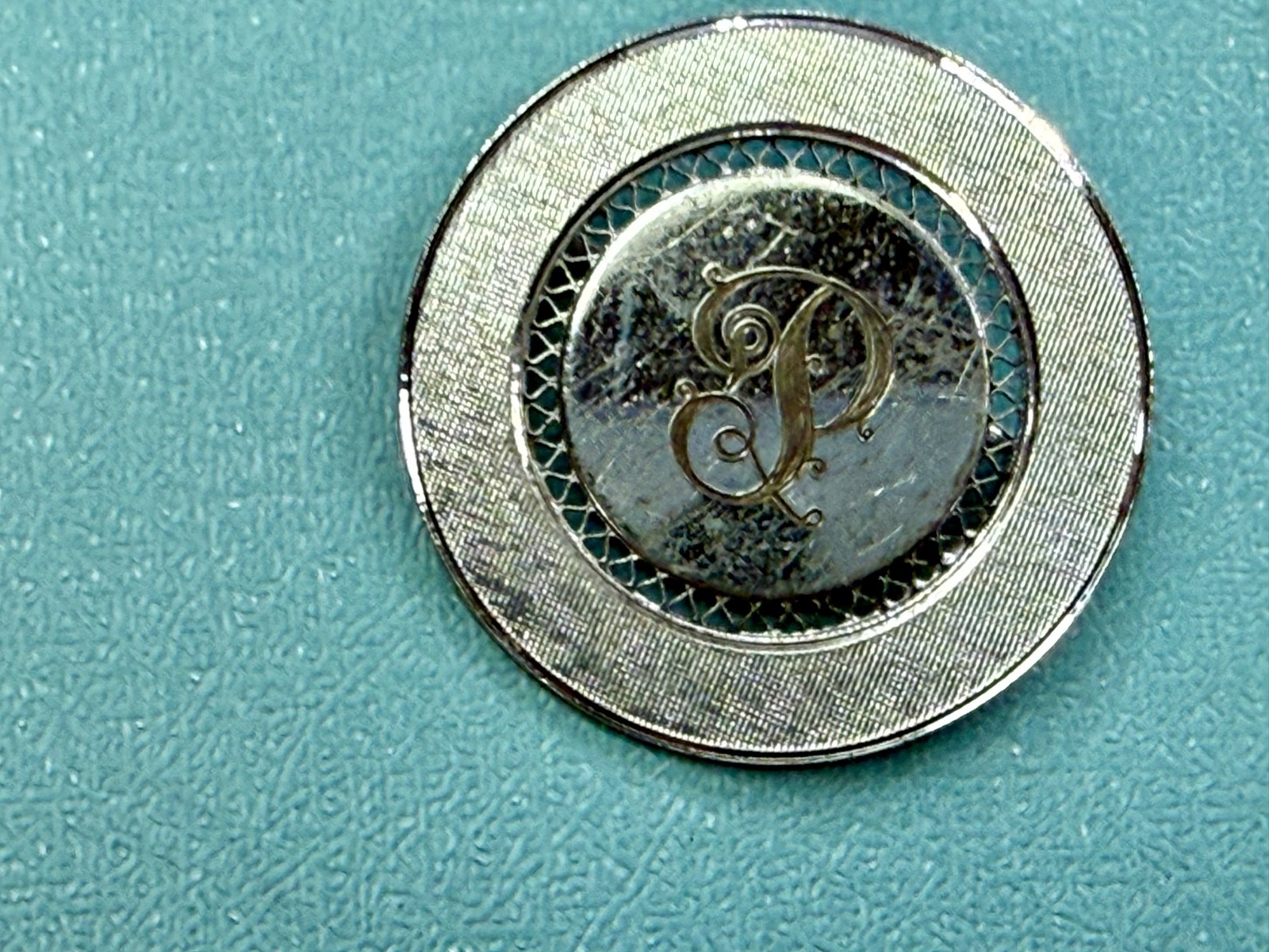 Initial Letter P ? Calligraphy On Vintage Sterling Silver Round Disc Brooch
