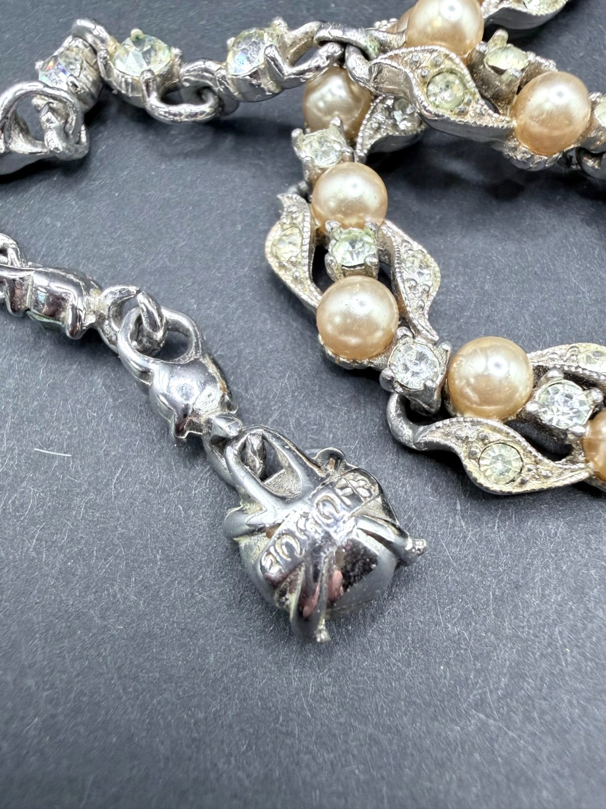 Vintage Bogoff Off White Pearl & Crystal Choker Necklace, Rhodium Plated, 1950s