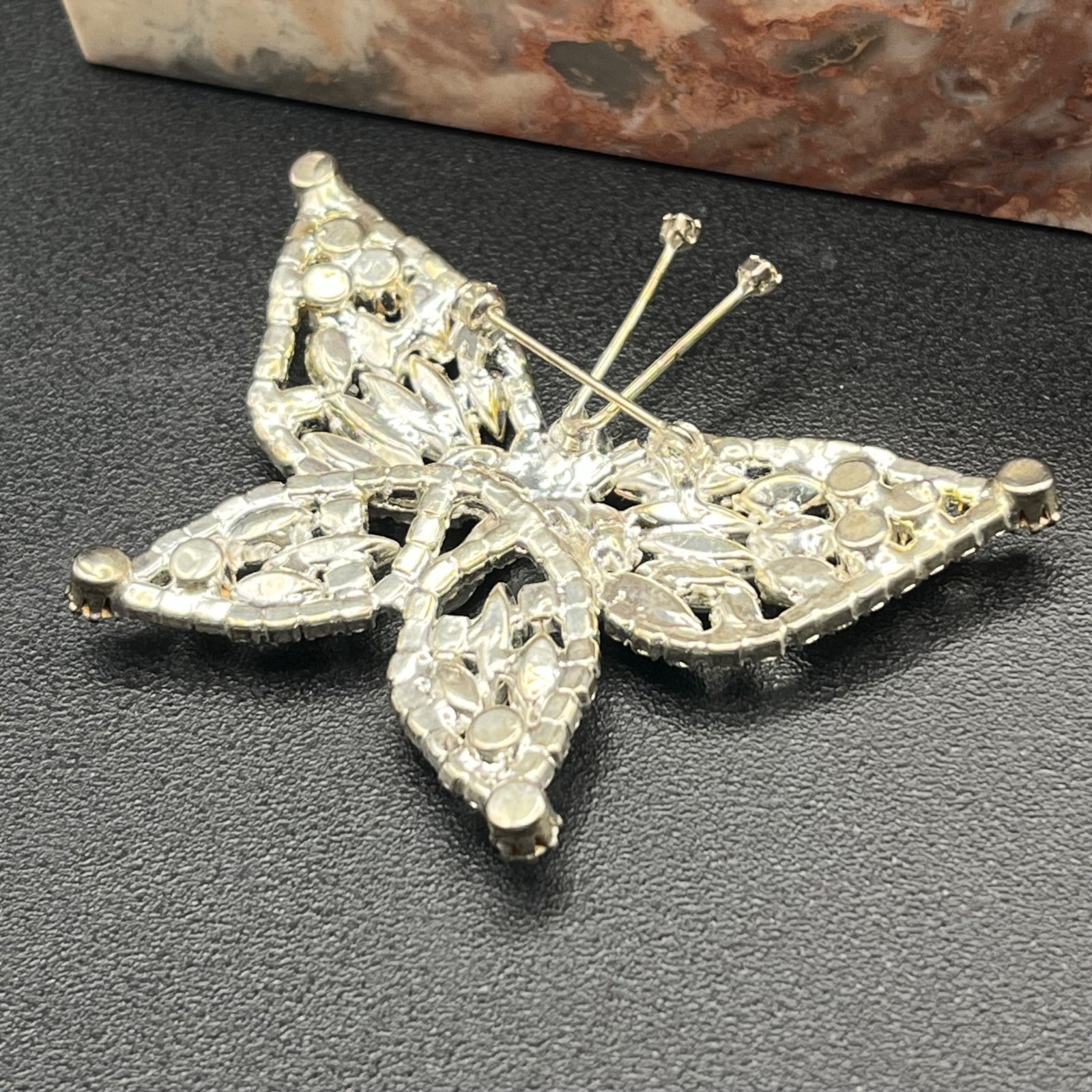 Mid Century Rhinestone Butterfly Brooch Silver Tone Navette Wings