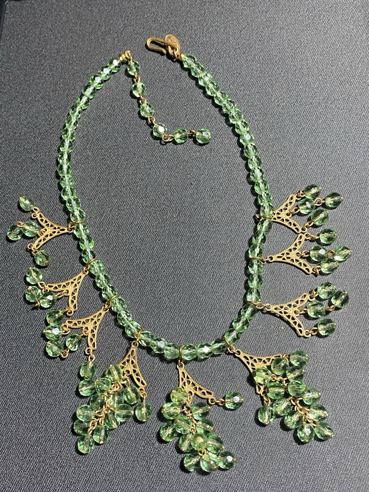 Vintage MIRIAM HASKELL Green Faceted Bead Fringe Adjustable Necklace