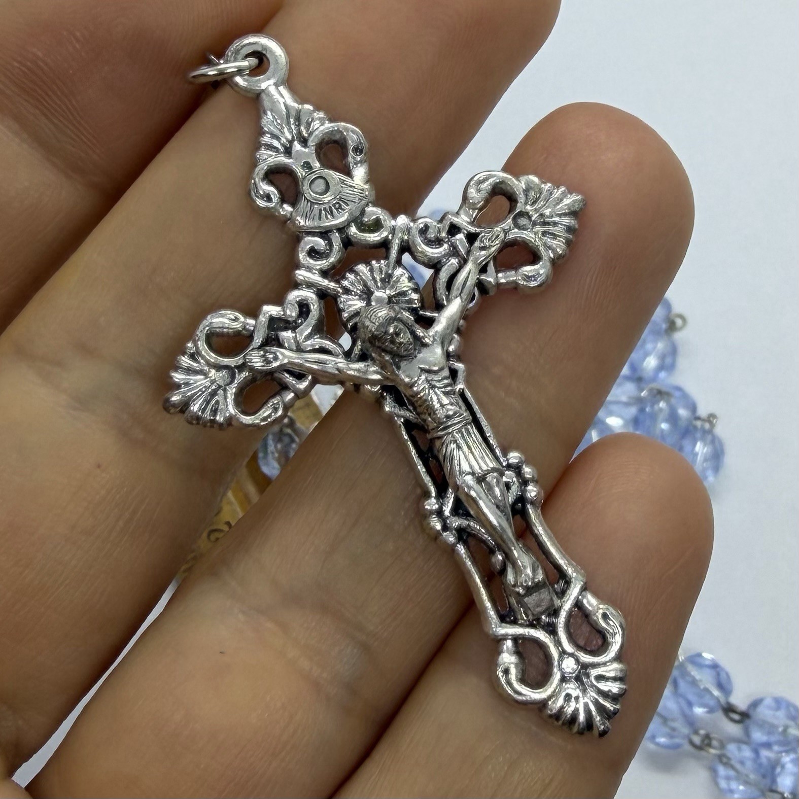 Vtg Religious Catholic Blue Glass Lourdes Cross Rosary Bead Necklace Holy Water