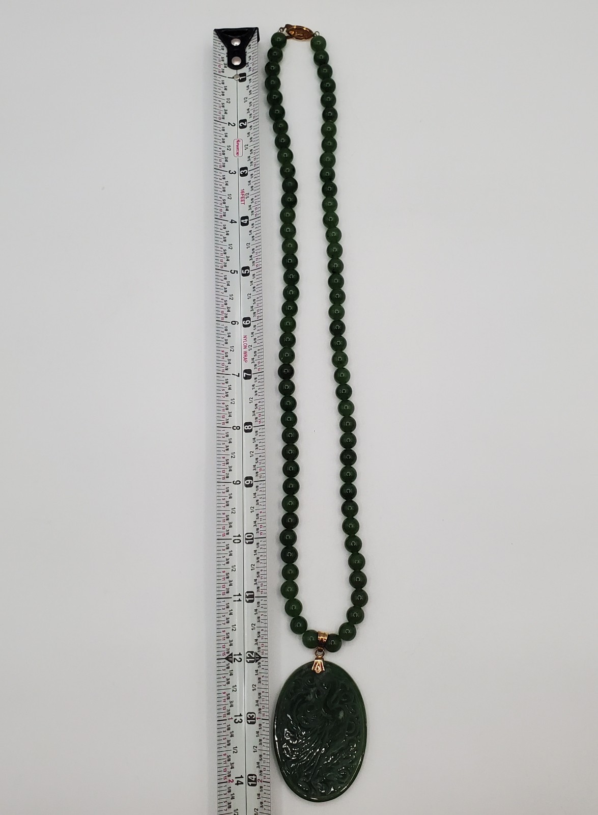 VTG 925 Spinach Jade Crane Dragon Pendant 24in Bead Necklace Carved Reversible