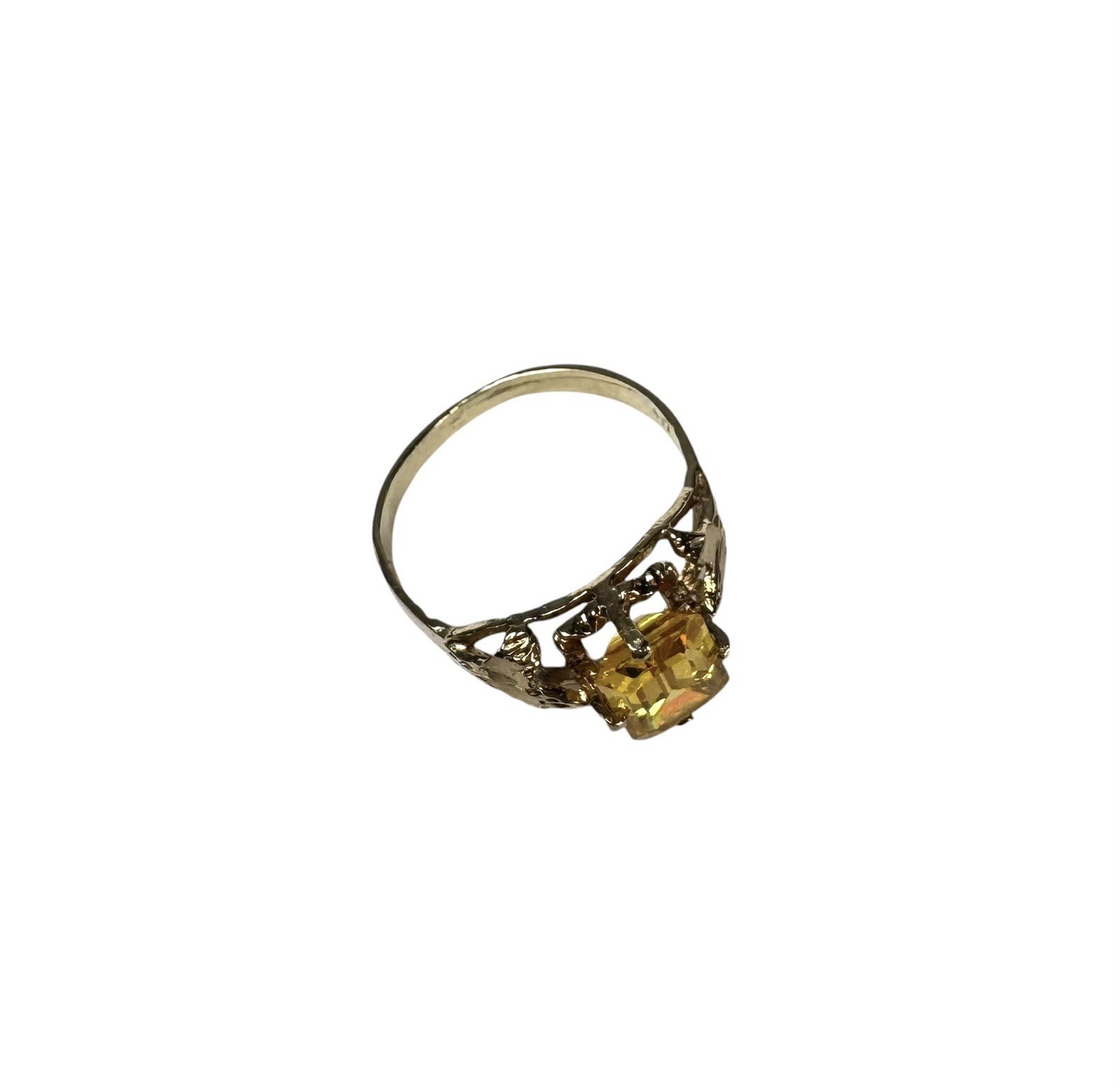 Vintage Art Deco Ring 10 K Yellow Gold & Emerald Cut Yellow Crystal CZ Sapphire