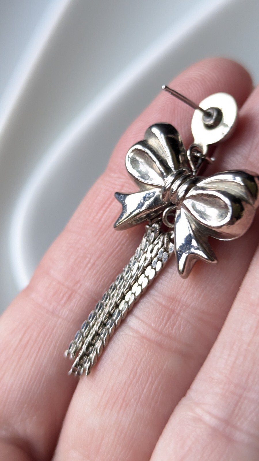 Vintage Silver Tone Ribbon Bow Tie Tassel Chain Charm Drop Stud Dangle Earrings