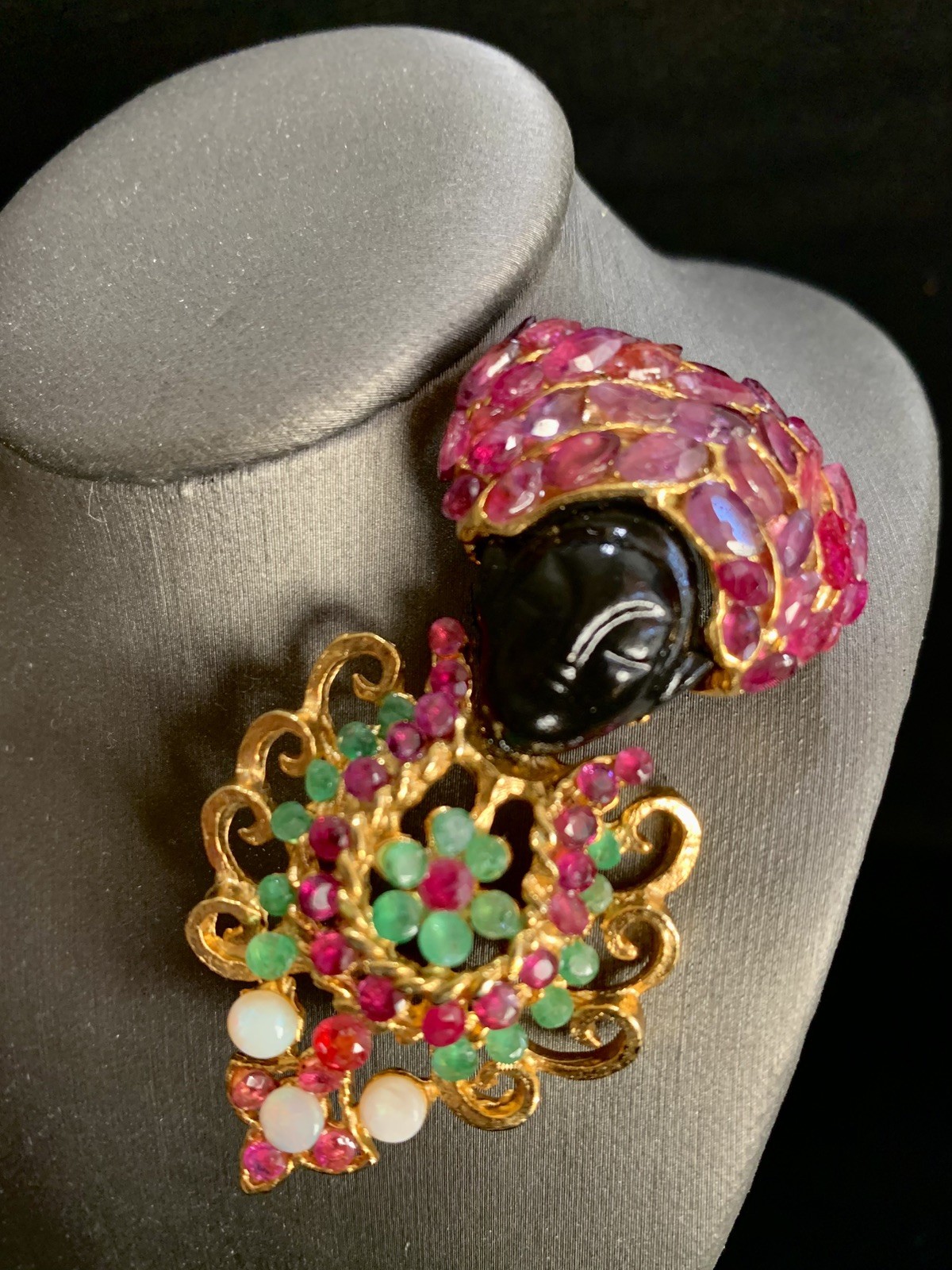 Vintage Natural Gemstone Blackamoor Brooch Pin with Ruby, Emerald,opal Gold 24kp