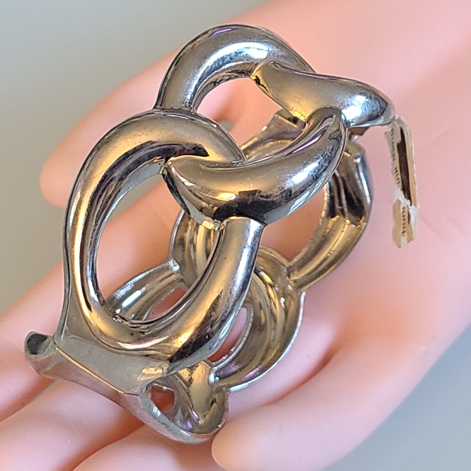 Chunky Silver Tone Polished Linked Statement Bangle Bracelet 1″ Wide Hinged