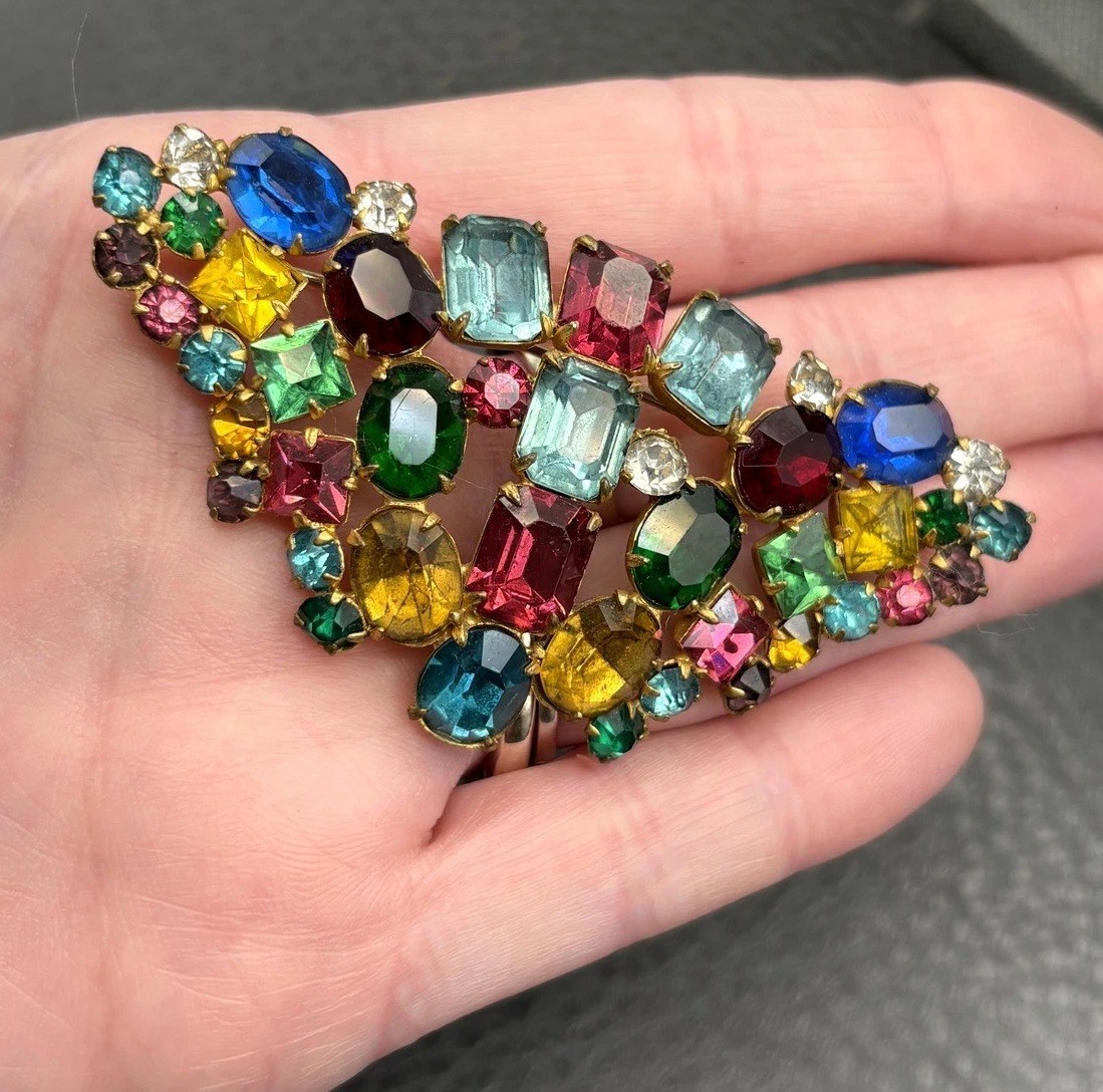 VTG Large Fruit Salad Multicolor Austrian Crystal Glass Rhinestone Brooch Pin