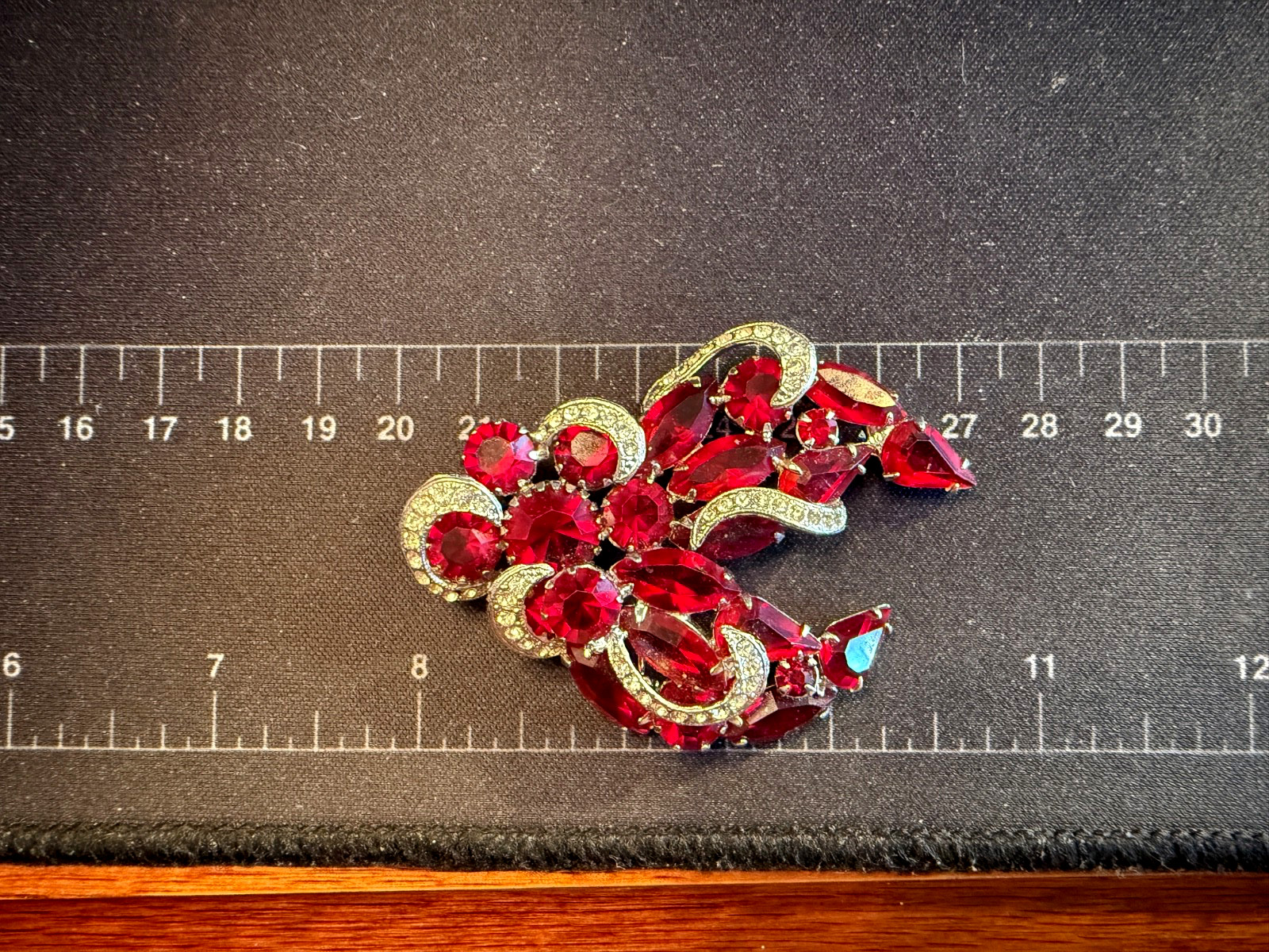 Vintage Mid Century Ruby Red Rhinestone Brooch Rhodium Plated Open Back Unsigned