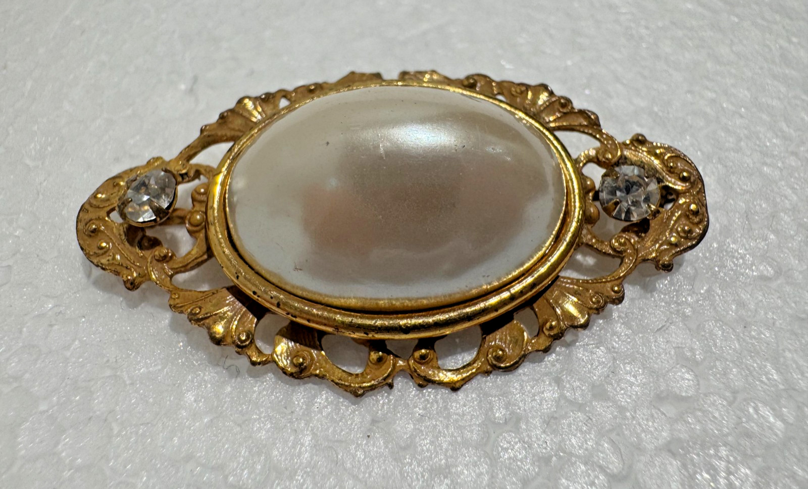 Vintage Miriam Haskell Brooch Pin Faux Pearl Cabochon Rhinestone Filigree Oval