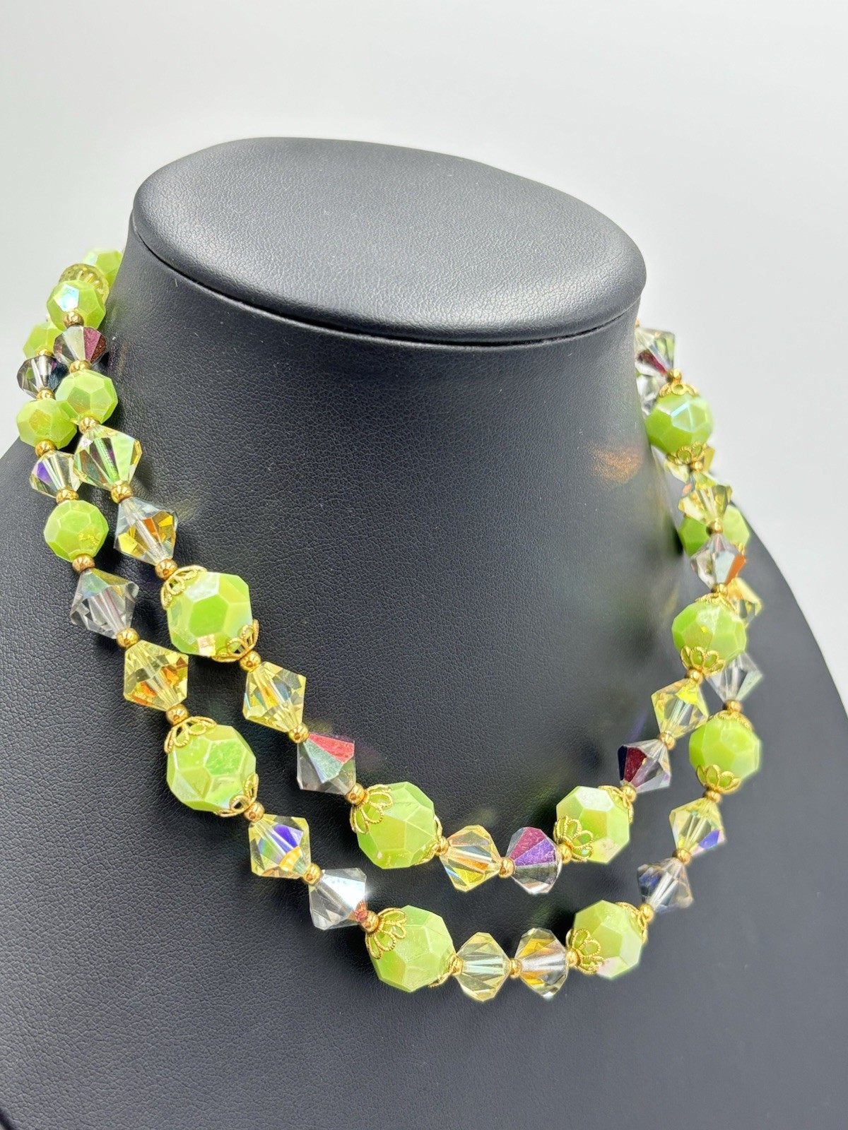 Vintage Lucite Lime Neon Green Beaded Double Strand Necklace 15″