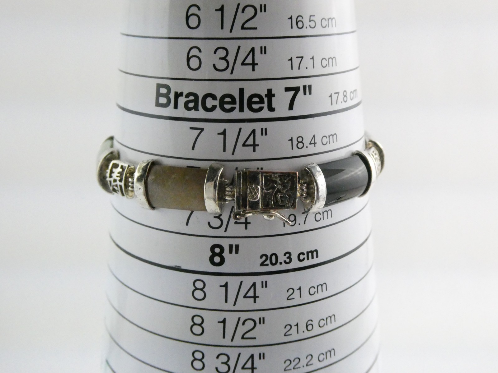 DBJ Dee Berkley Sterling Silver Chinese Character Jadeite Link Bracelet 7.5 Inch