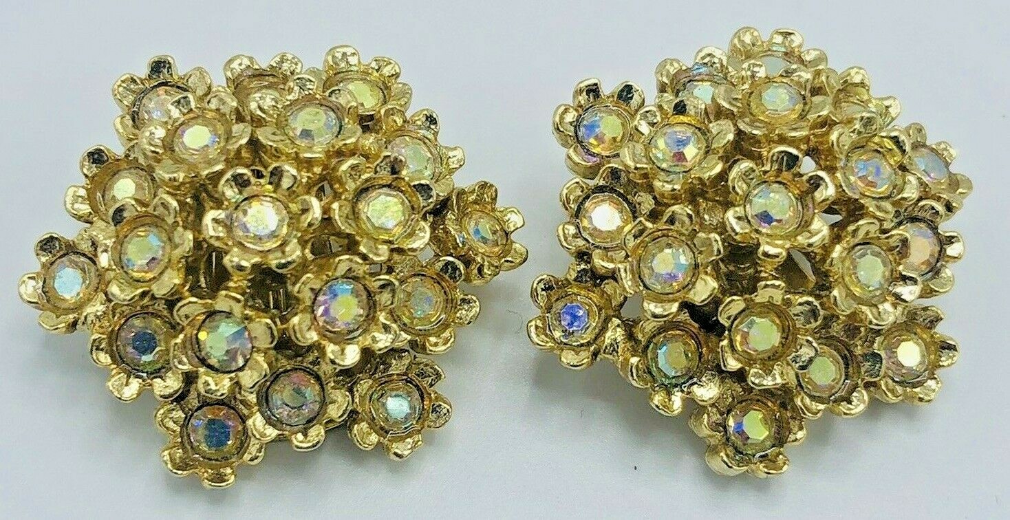 Vintage Orena Paris Aurora Borealis Crystal FLOWER Gold Tone Clip On Earrings