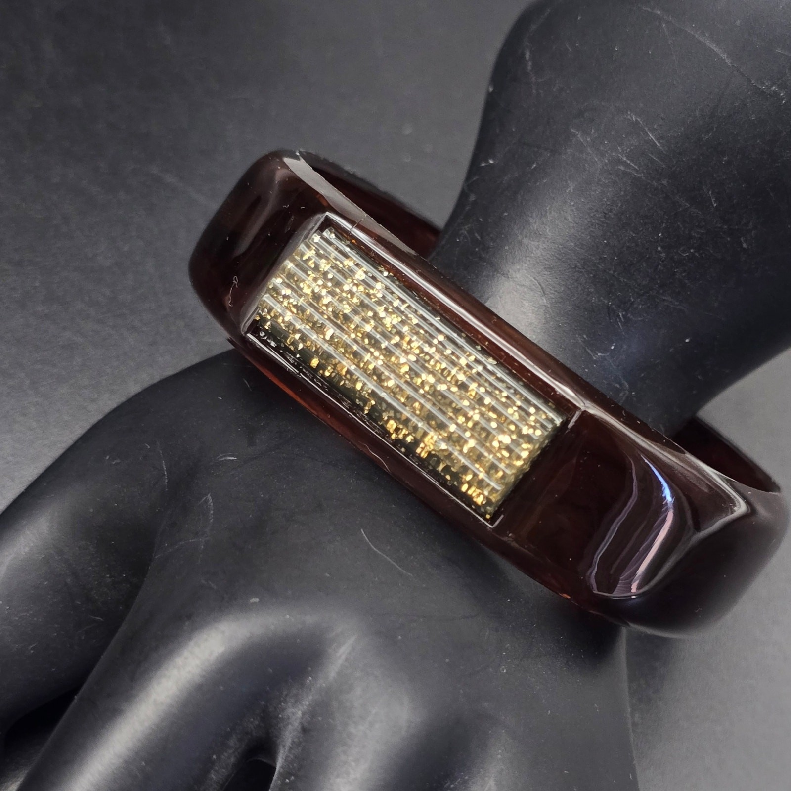 Brown Faux Tortoise Shell Bangle Bracelet with Gold Tone Glitter Accent Vintage