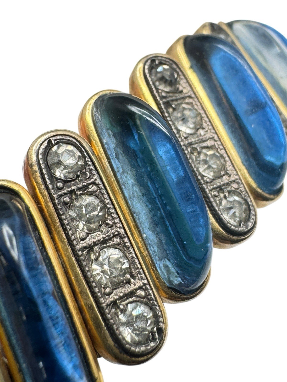 Vintage Blue Glass Cabochon Expansion Bracelet Rhinestones Nice DFB Co