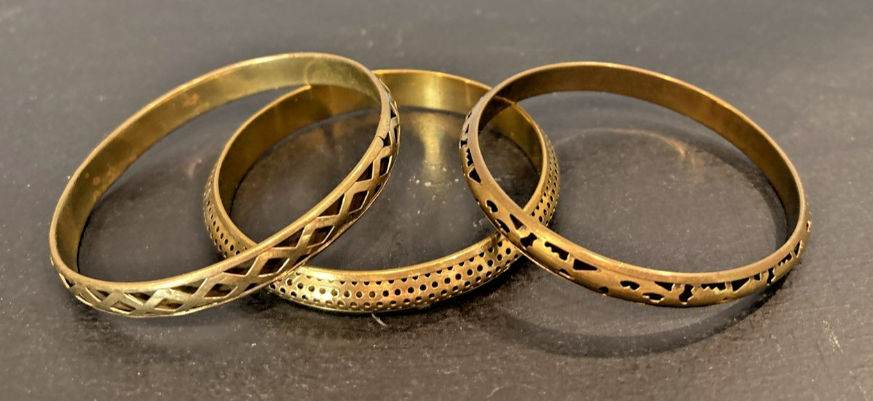 3 Brass/ Bronze Metal Bangle Bracelets w/ Pierced Patterns Designs Antique Look