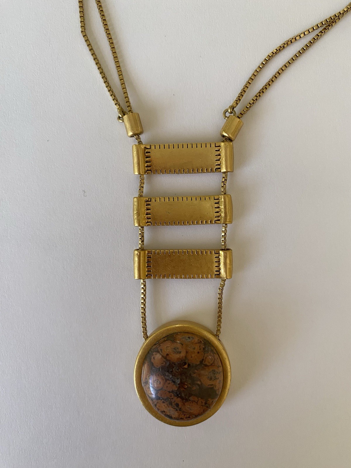 Fashion Long Necklace Gold Tone Modernist Person Metal Stone Pendant Signed M