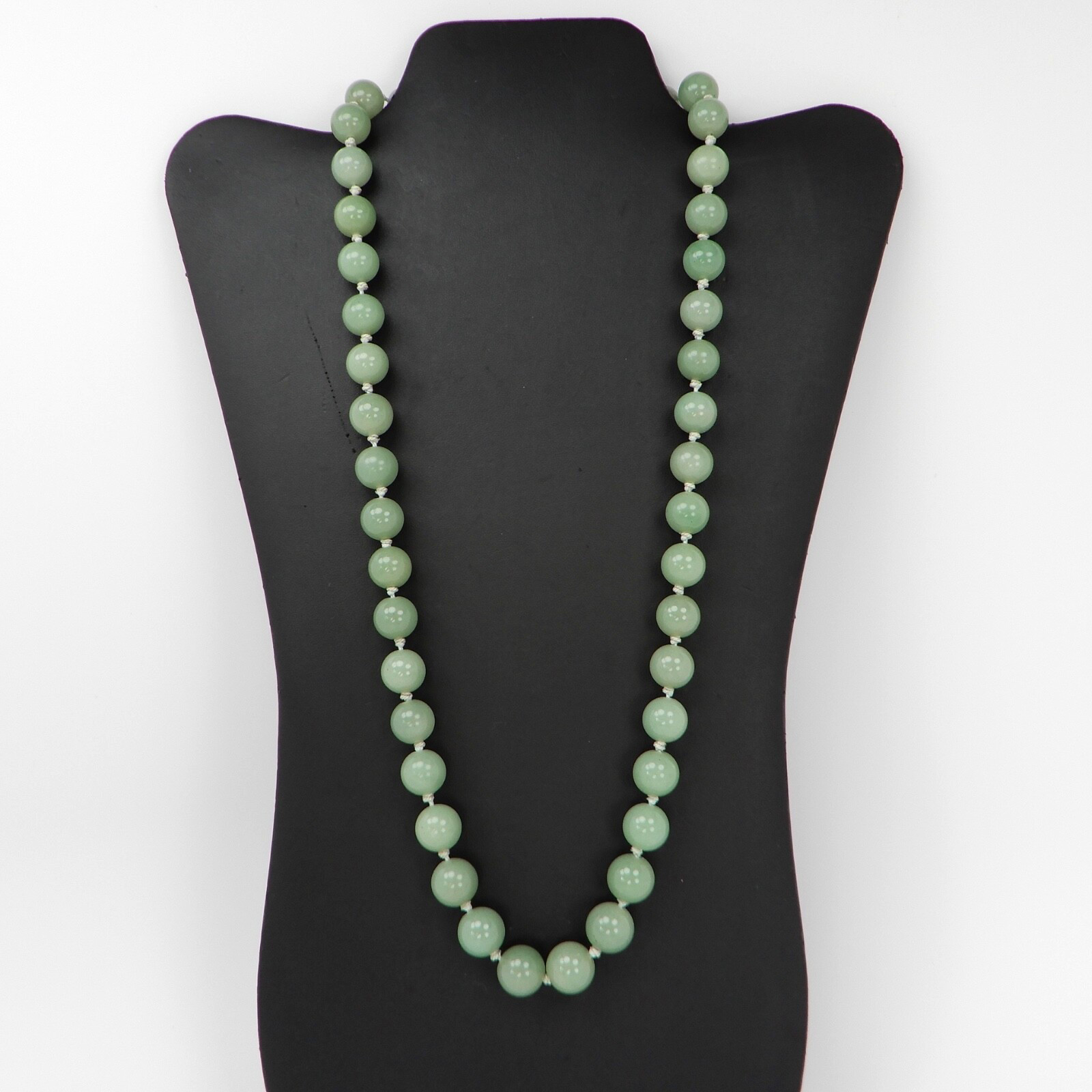 Vtg Green Jade Knotted 12mm Bead Necklace 24” .925 Silver Filigree Clasp 115 gr