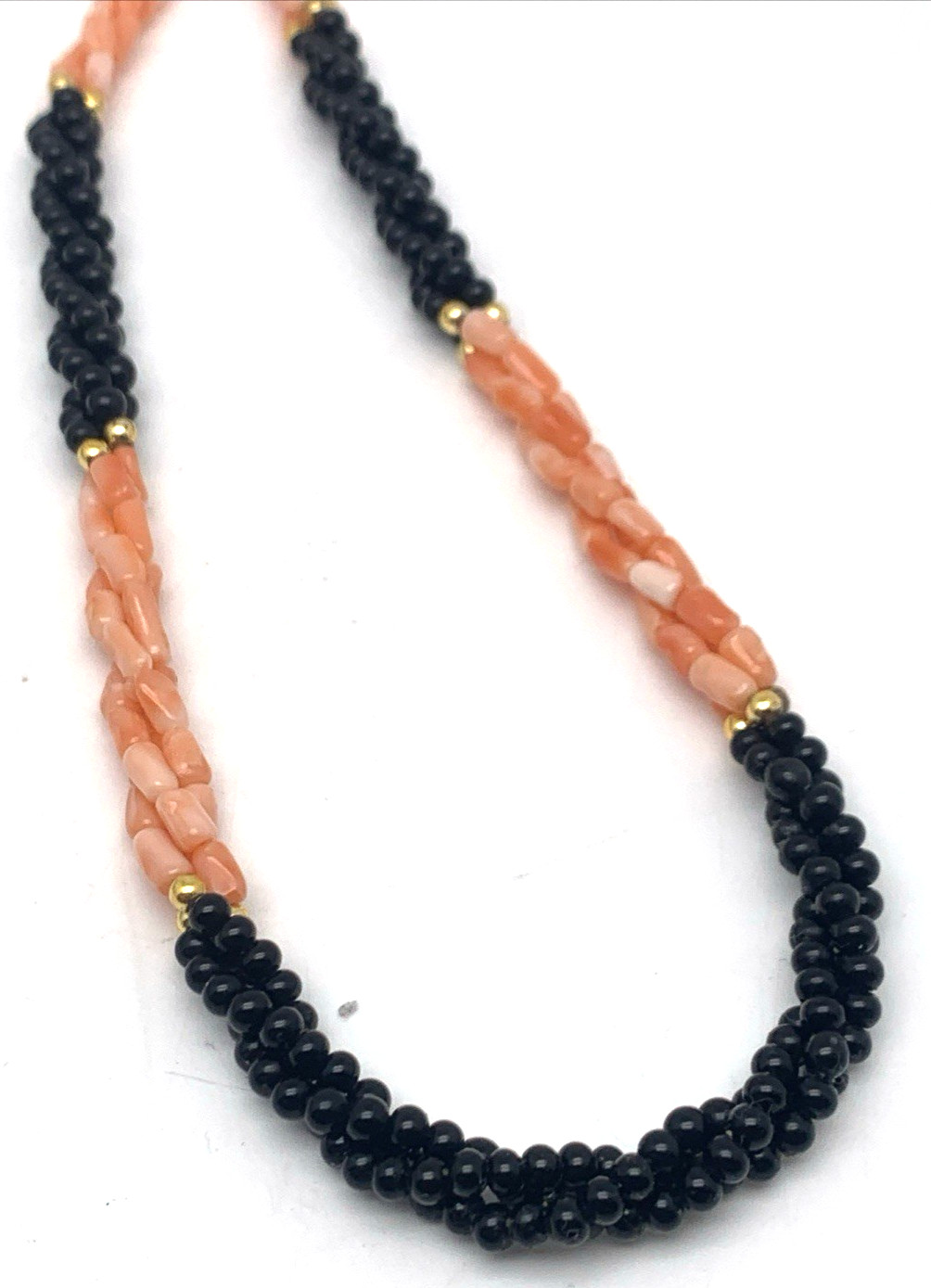 Vintage Twisted 3 Strand Coral & Onyx Beaded 30″ Necklace