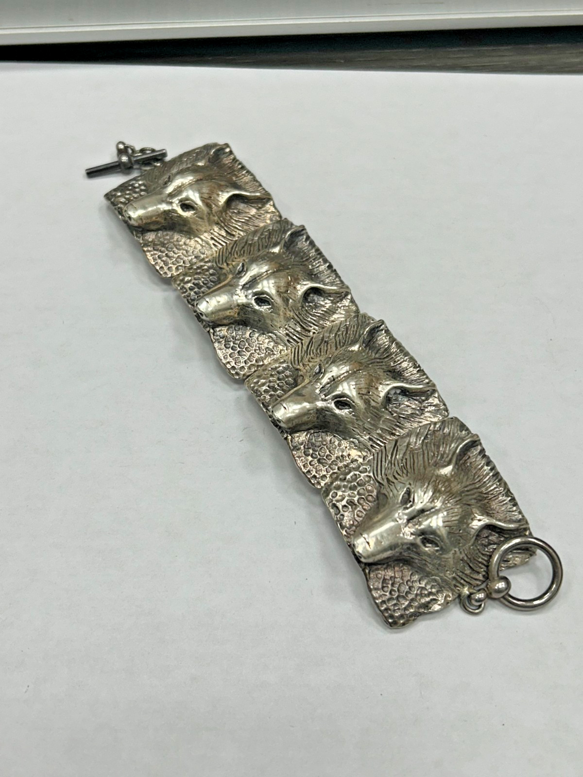 Vintage Silver Fox Wolf Head Articulated Link Bracelet 7.5 Inches