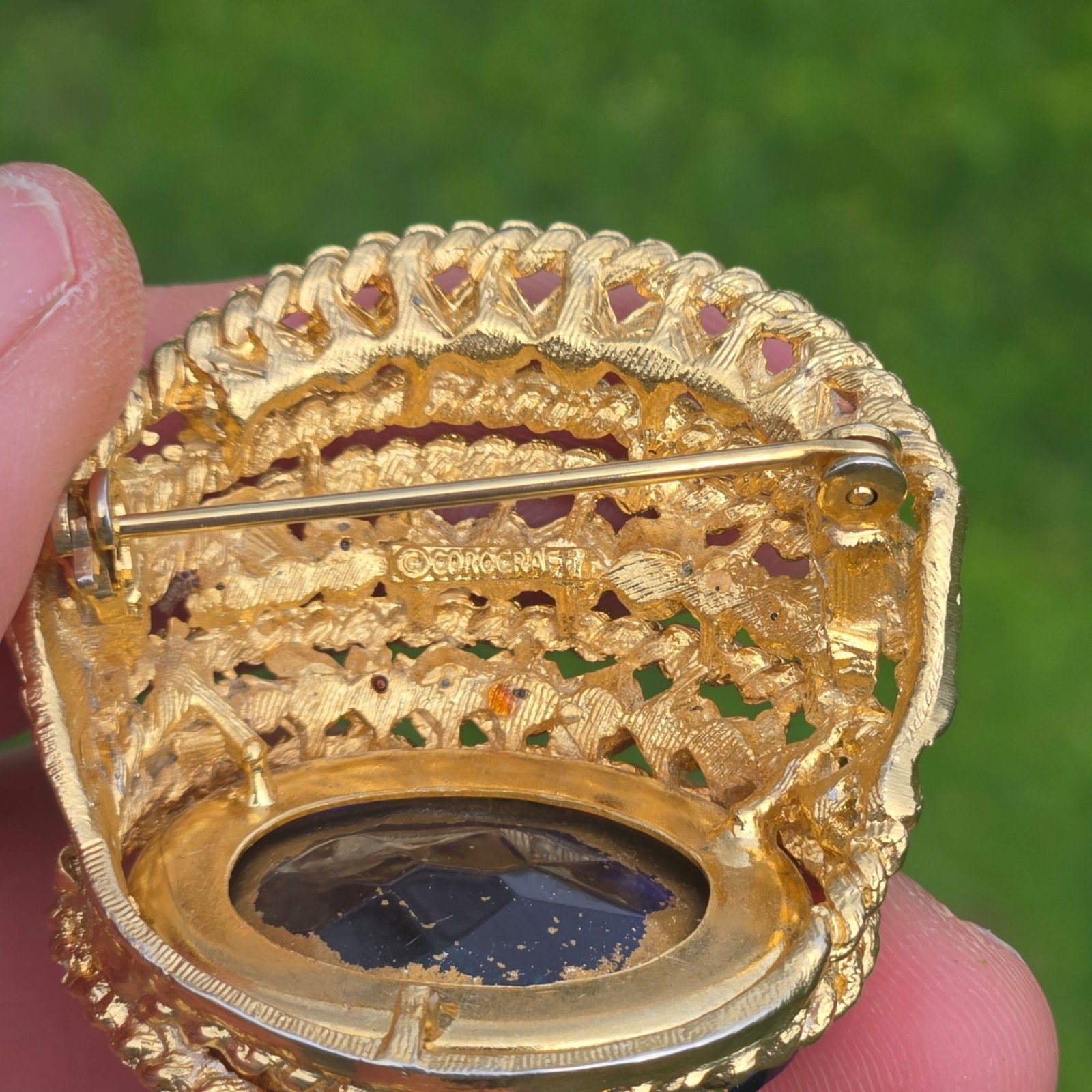 Vintage Corocraft Blue Glass Brooch Rhinestone Designer Jewelry Egyptian Revival