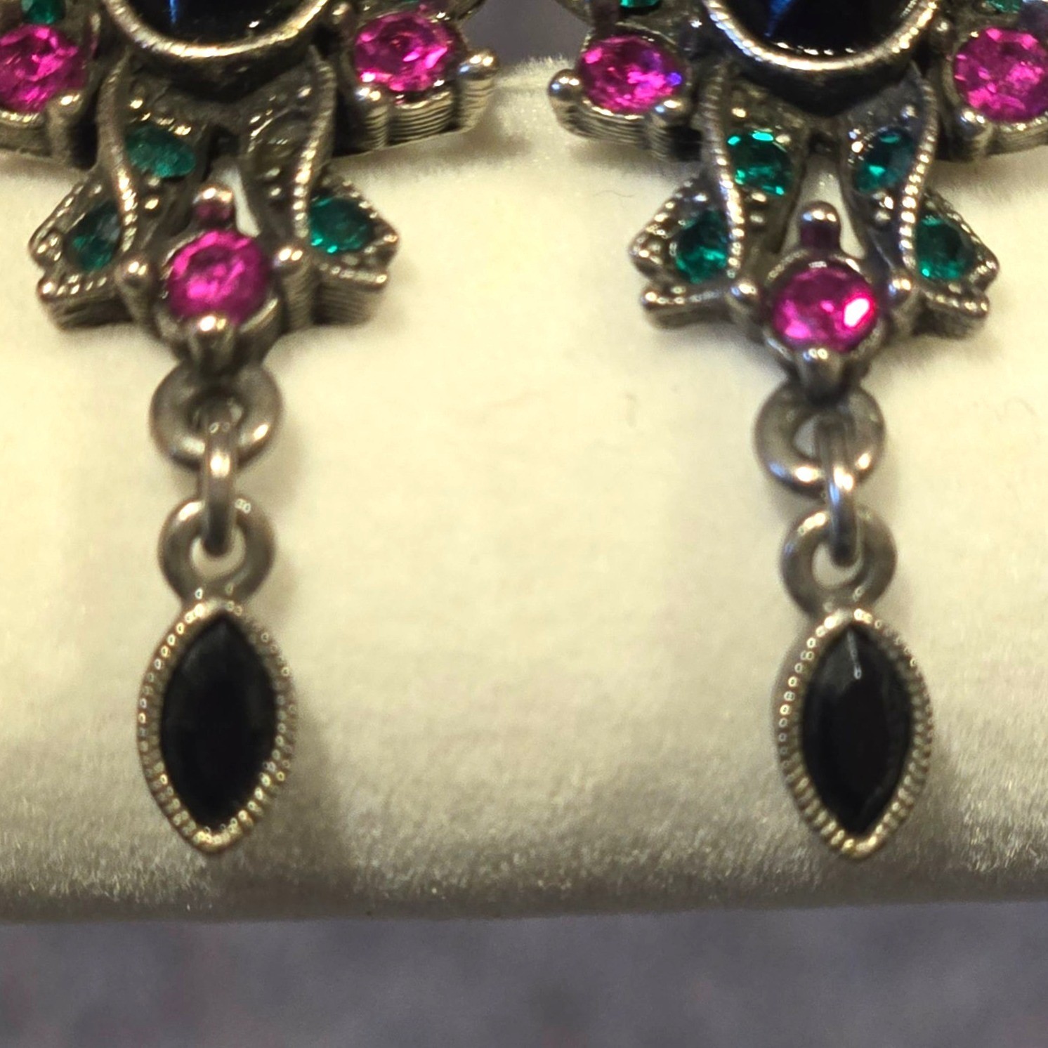 1928 Vintage Dangle Earrings Black Cabochon Pink Green Crystal Drop Bow shaped