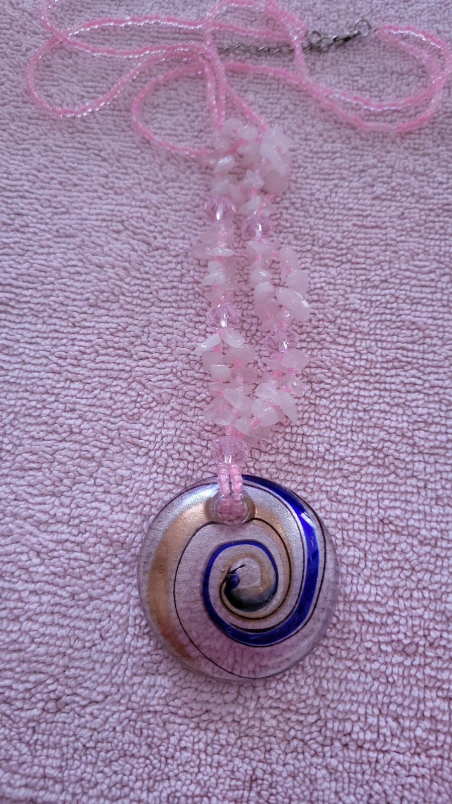 Quartz Chip Necklace w Large Swirl Glass Focal & Sead Beads