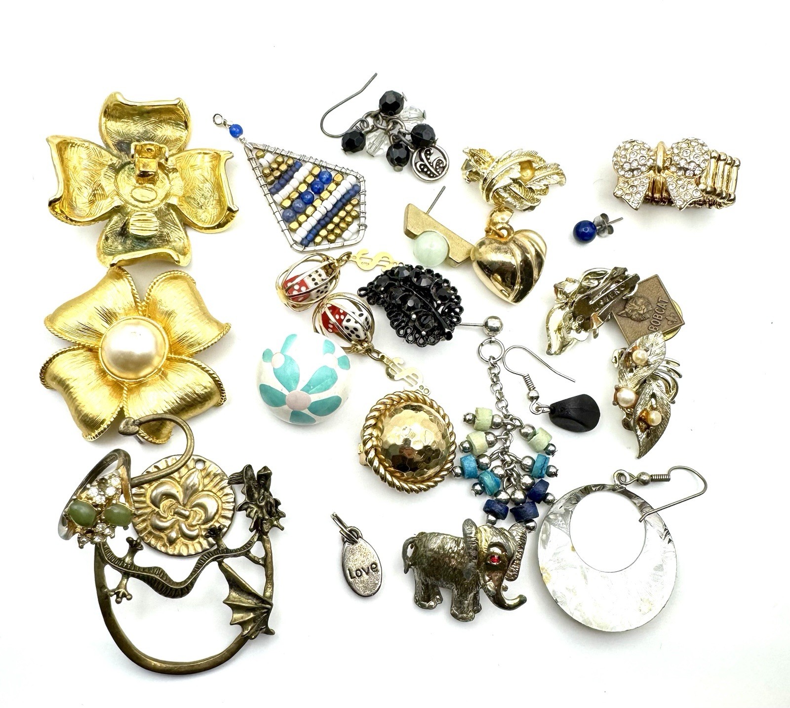 Mixed Craft Lot Of Vintage Jewelry – Brooches, Earrings, Ring, Pin – Repurpose